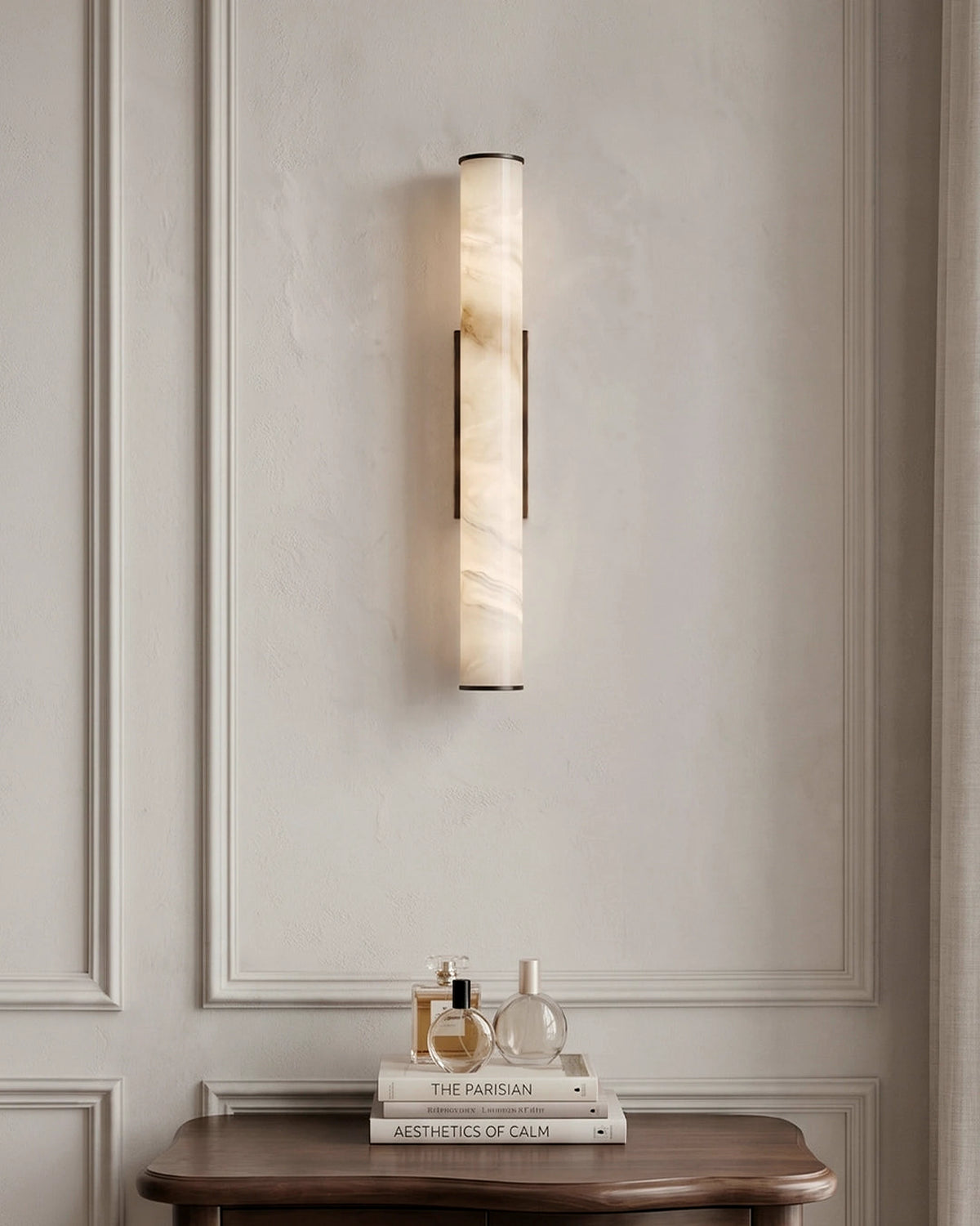 Modern circular LED wall sconce in a refined interior