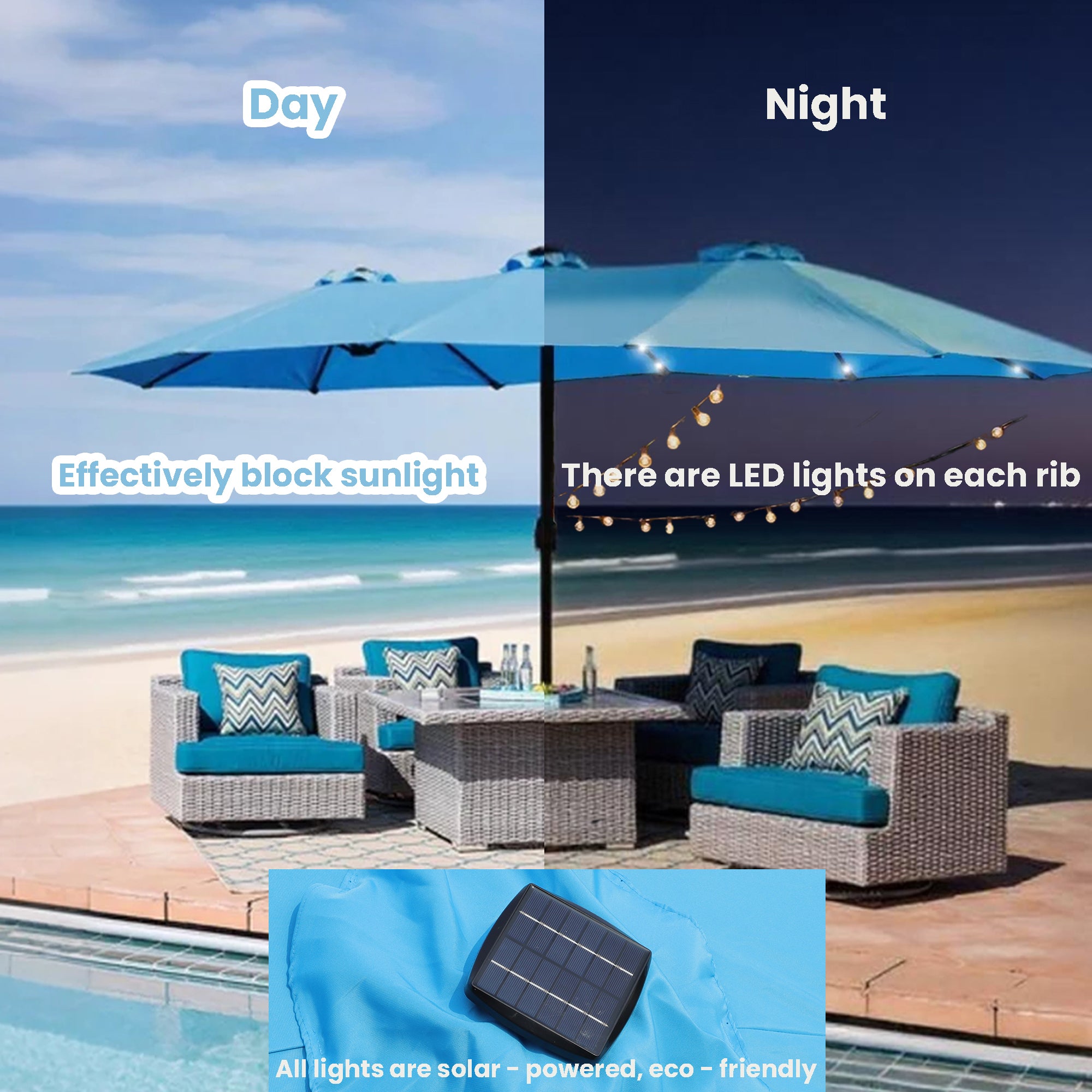 Large Solar-Powered Patio Umbrella with LED Lights – Double Canopy Outdoor Shade