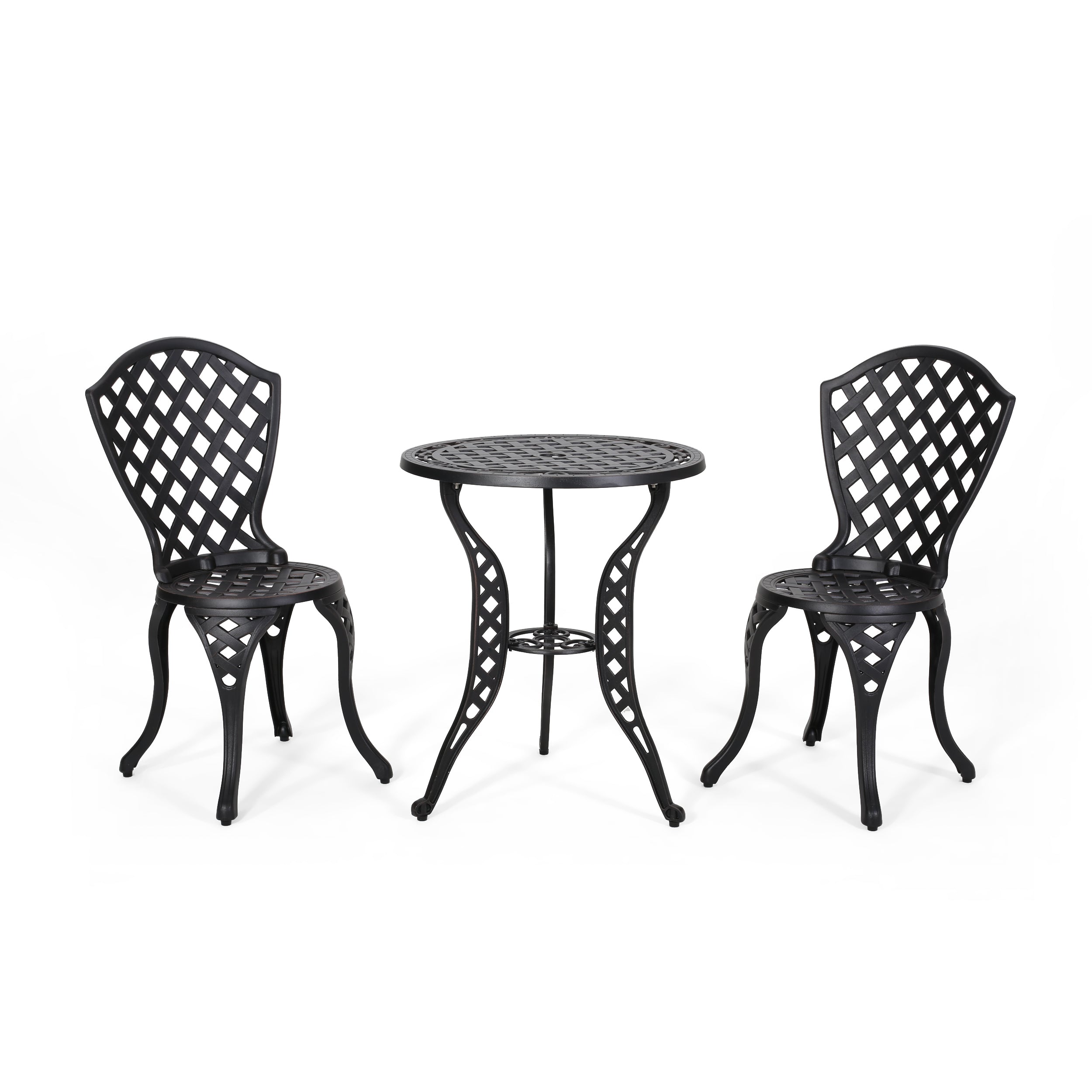 BONO Metal Bistro Set with Lattice Pattern in Black Cast Aluminum for Outdoor Patio