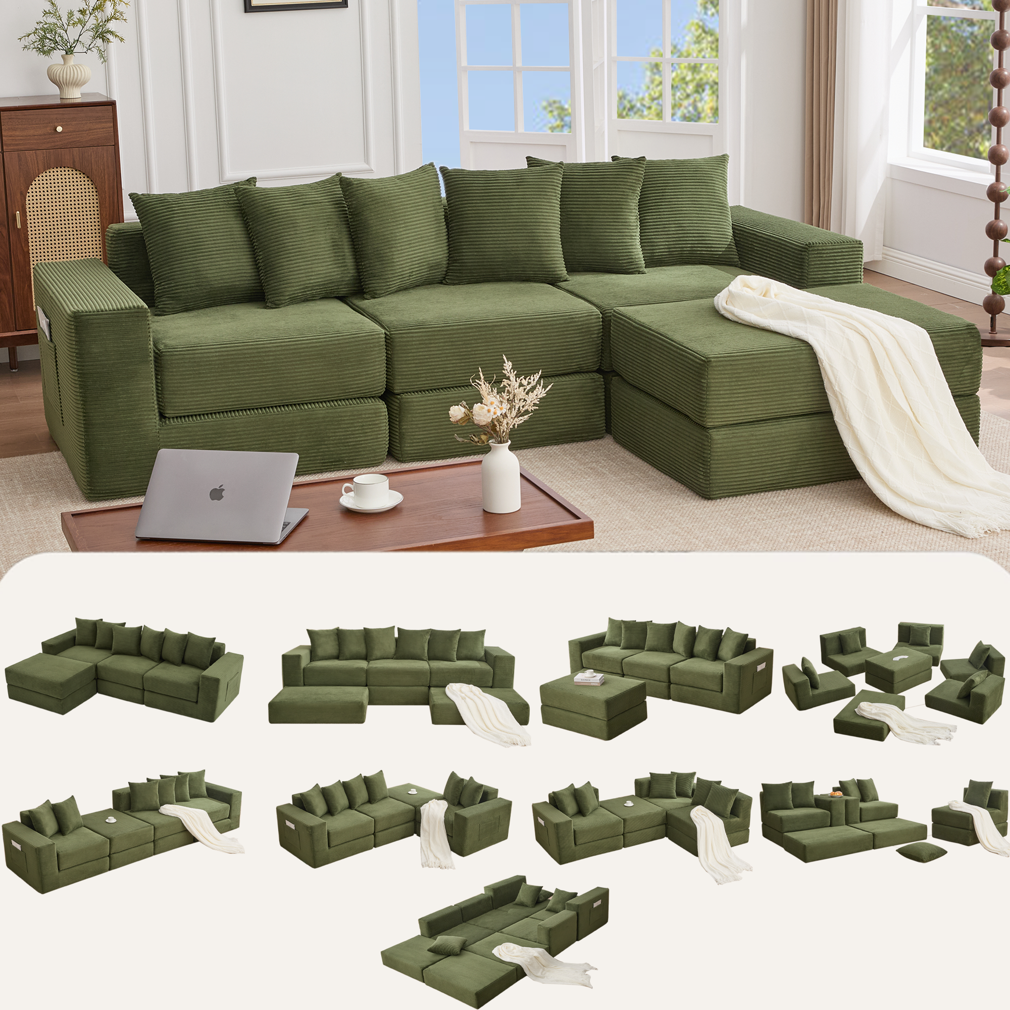10-in-1 Convertible Sectional Sofa L Shaped Floor Sleeper Corduroy Green