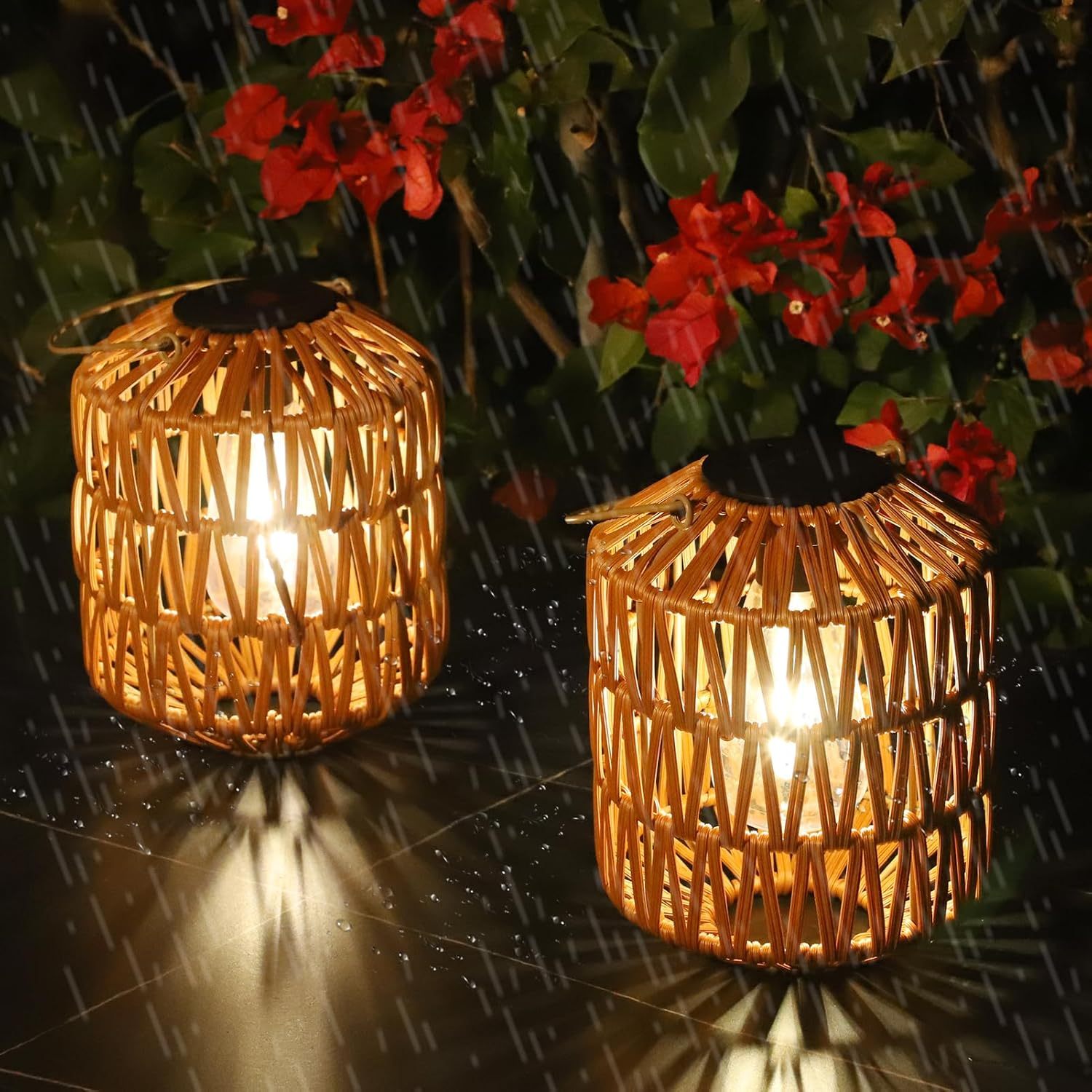 2 Pack Solar Lanterns Outdoor Waterproof, Rattan Solar Lights for Yard, Outdoor Garden Lights