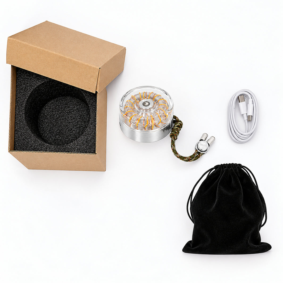Donut Glow aluminum lamp package contents with USB-C cable, box, fitted insert and pouch.