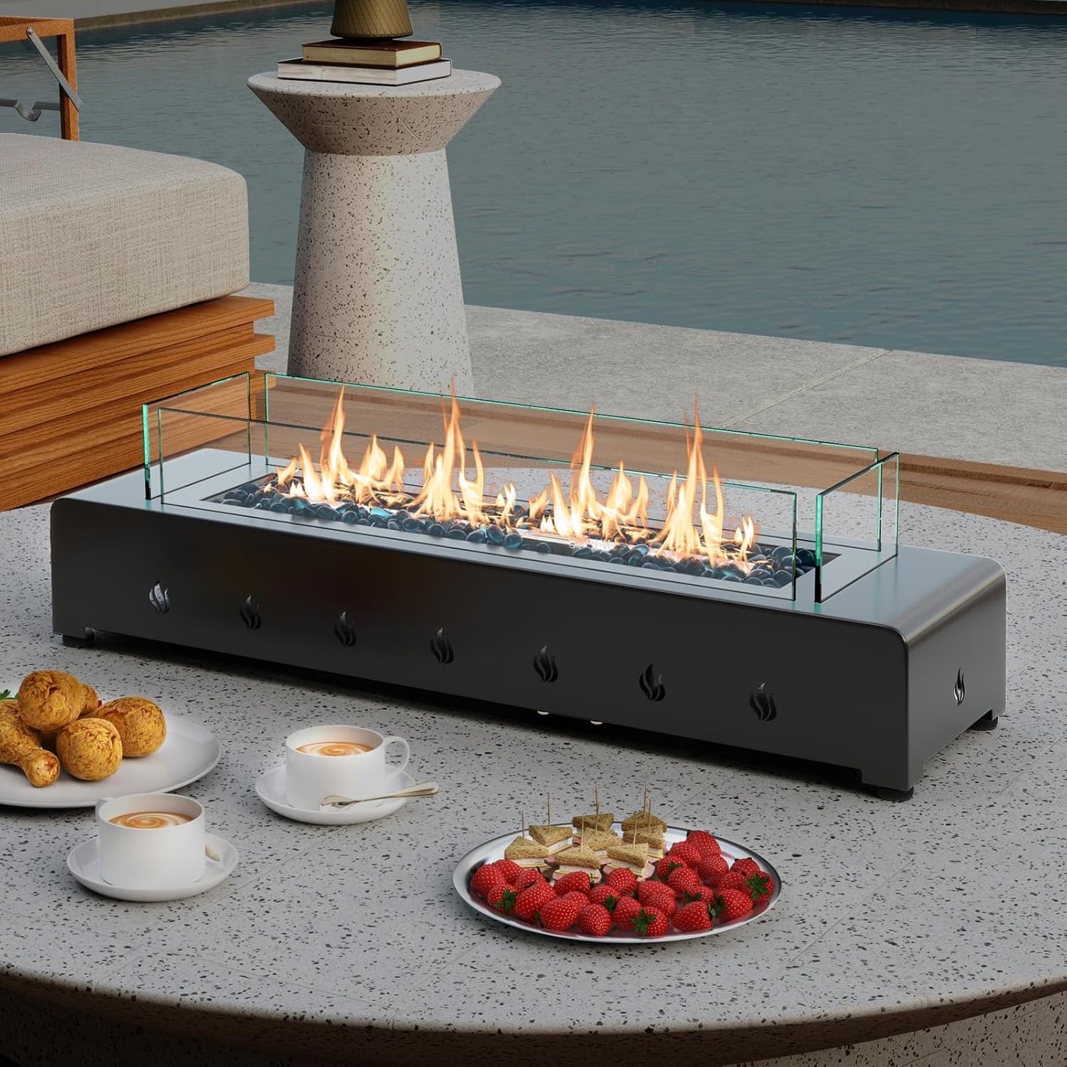 28-Inch Rectangle Fire Pit, 40000BTU Outdoor Propane Fire Pit, Wind-Resistant Firepits, Durable Iron Stylish Glass Beads Design