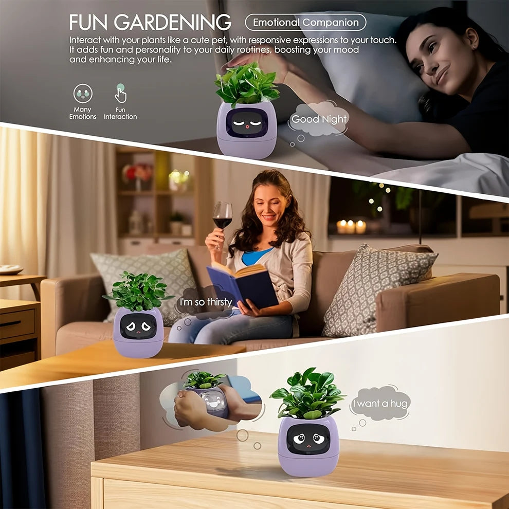 Smart Pet Planter Robot Guidance on Plant Care with Emojis, Adorable Plant Companion with Rich Gesture Interaction