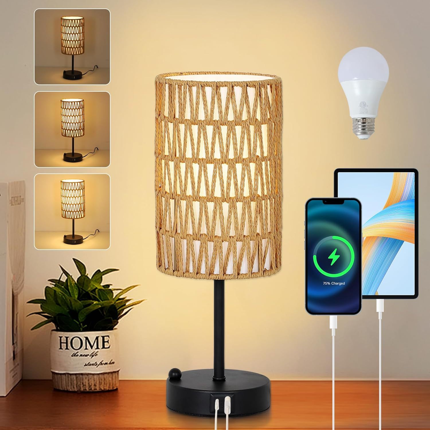 Touch Table Lamp For Bedroom with Bulb, Boho Small Desk Lamp With USB Charging Port
