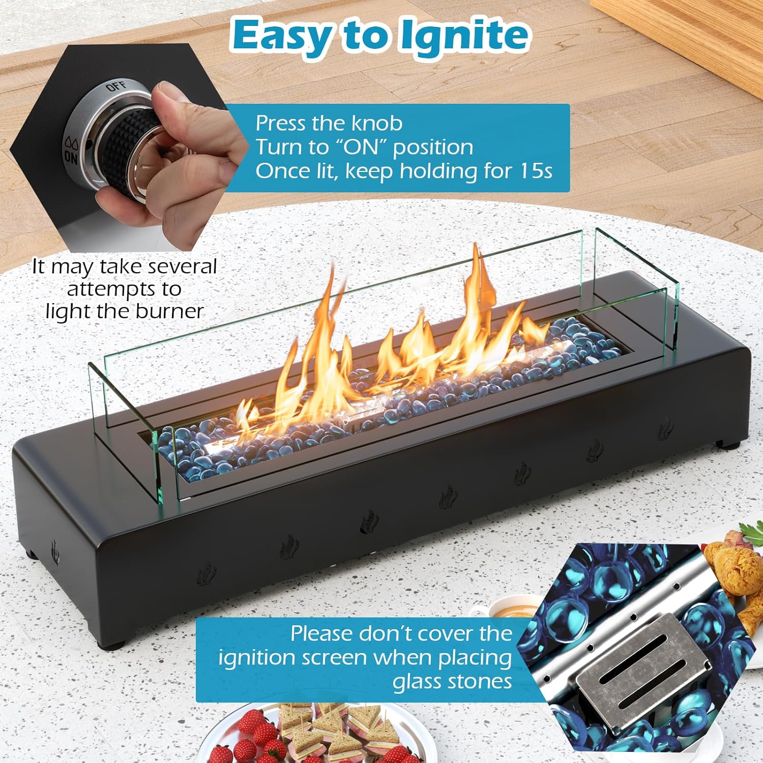 28-Inch Rectangle Fire Pit, 40000BTU Outdoor Propane Fire Pit, Wind-Resistant Firepits, Durable Iron Stylish Glass Beads Design