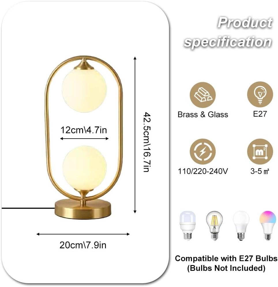 Brass Table Lamp Mid-Century Modern Globe Night Stand Light White Glass Ball Bedside Lamps