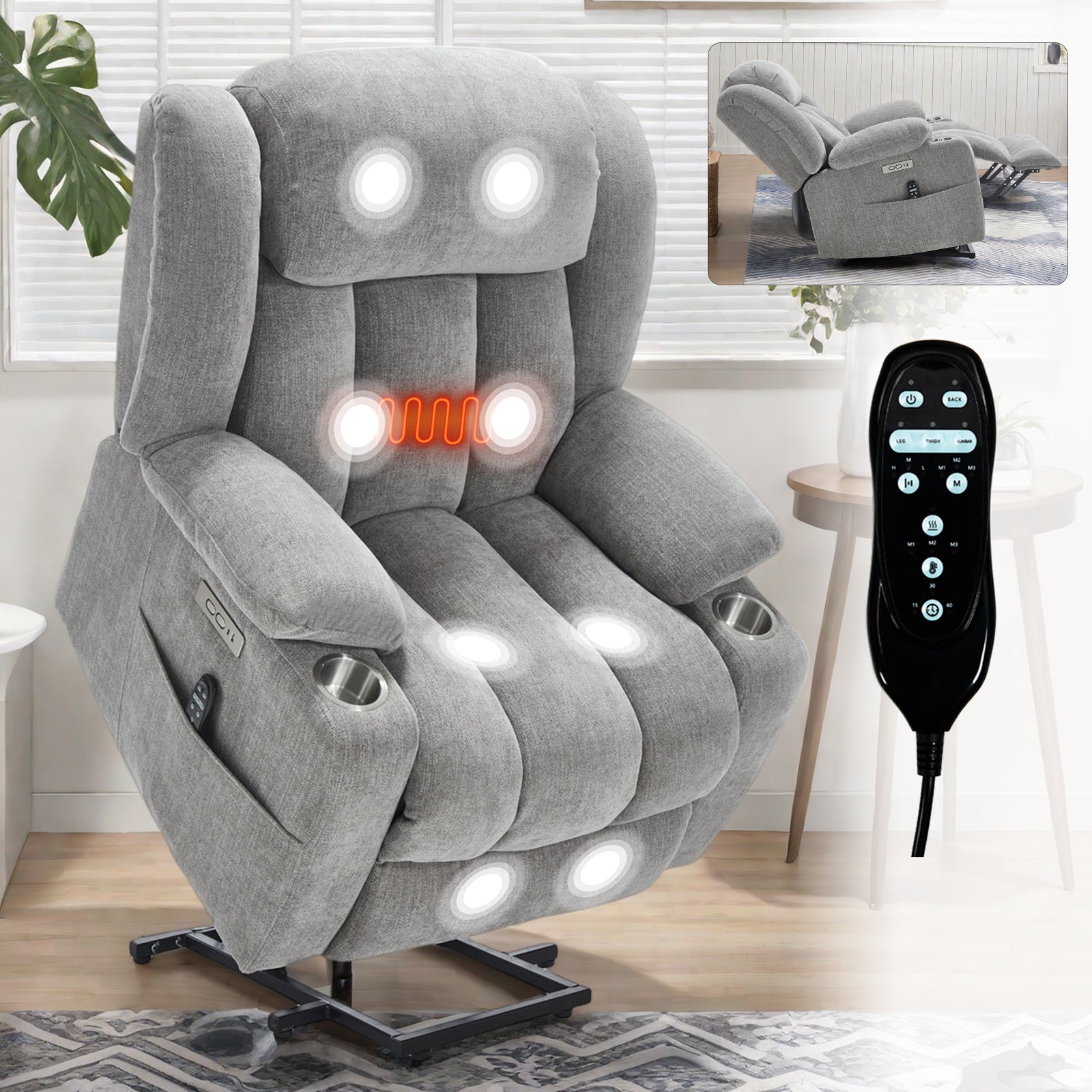 Chenille Power Lift Recliner Chair Heavy Duty Massage Heating USB Grey