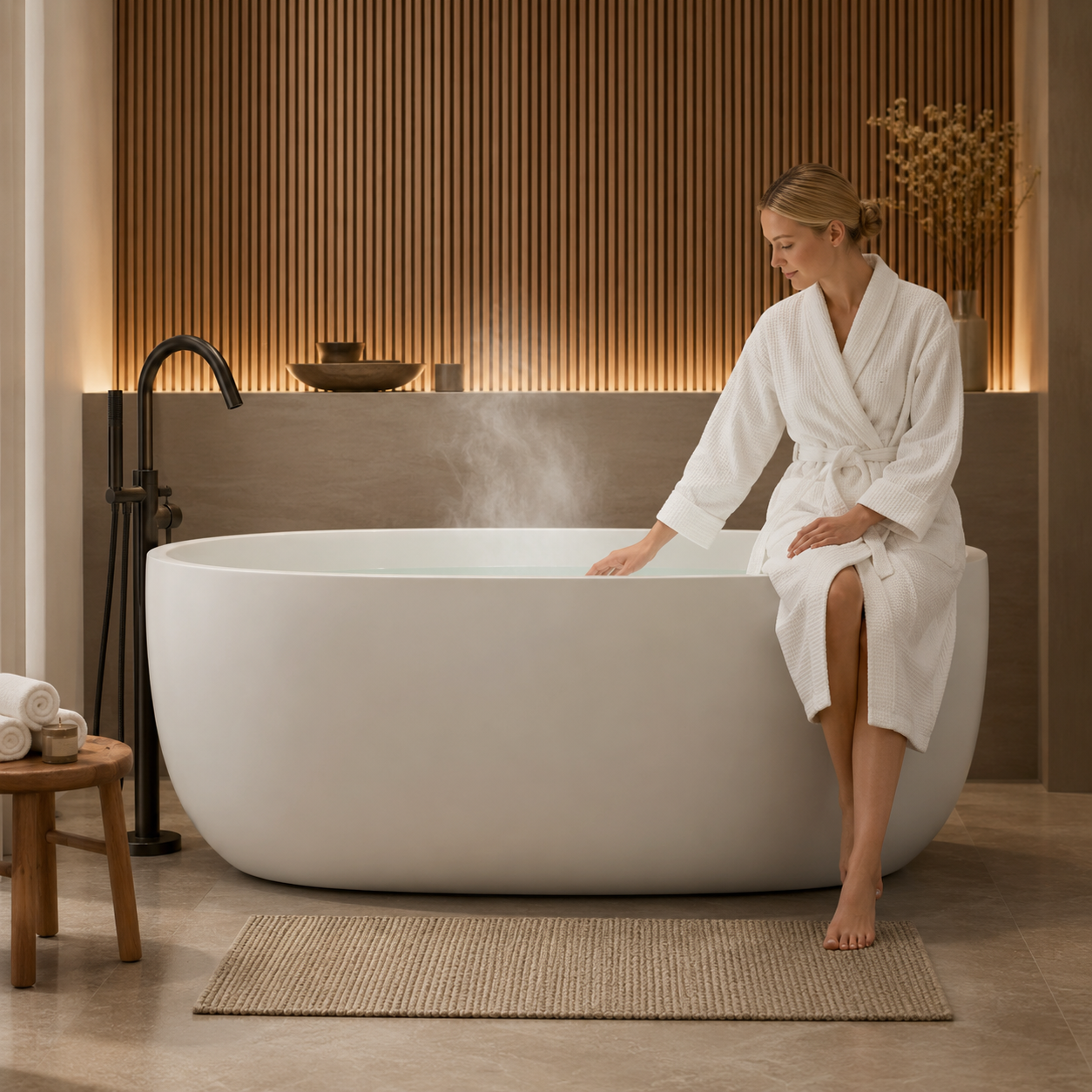 47" Freestanding Stone Resin Bathtub | Matte White Solid Surface Soaking Tub - Airayvis