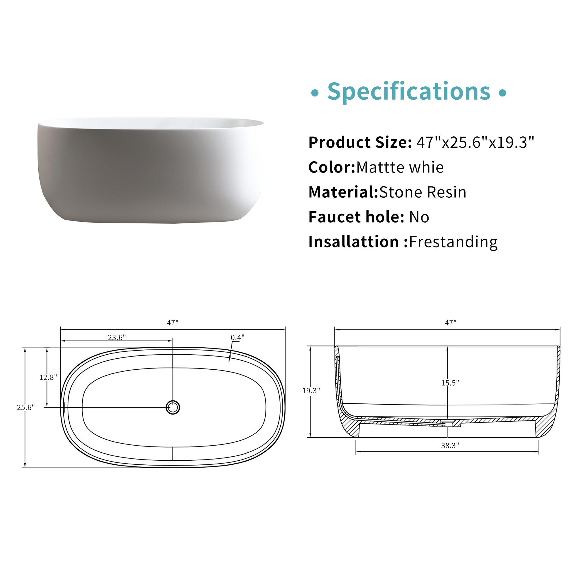 47 Inch Freestanding Bathtub Matte White Stone Resin Soaking Tub for Small Bathrooms