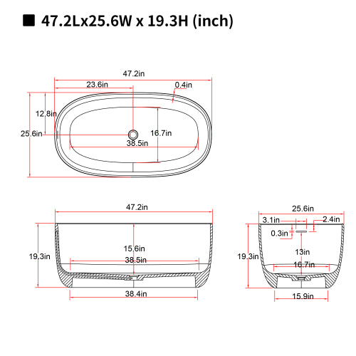 47" Compact Matte White Stone Resin Freestanding Soaking Bathtub with Overflow & Pop-Up Drain