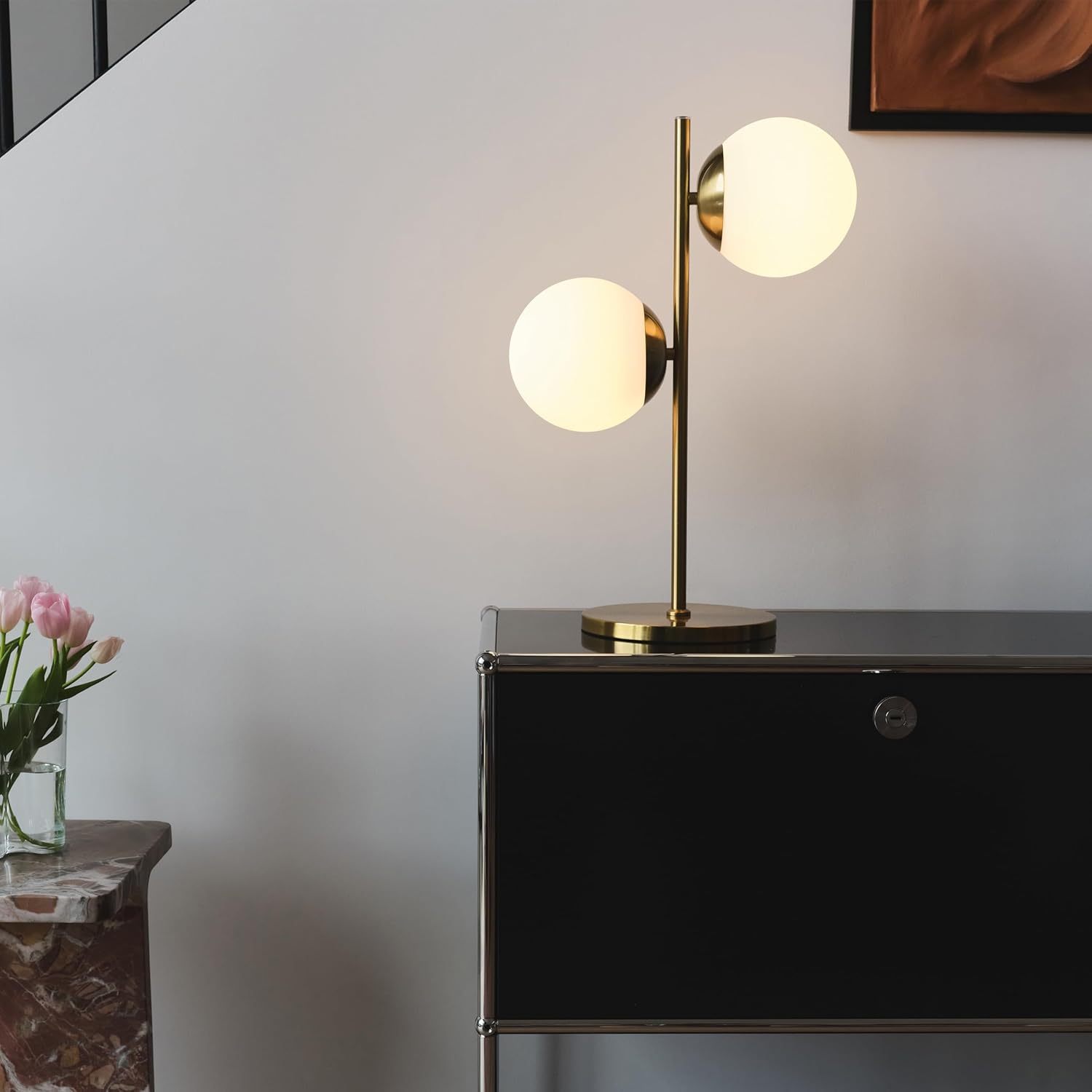 Sphere Table Lamp Contemporary Living Room Decor 2 LED Globe Lights USB Port