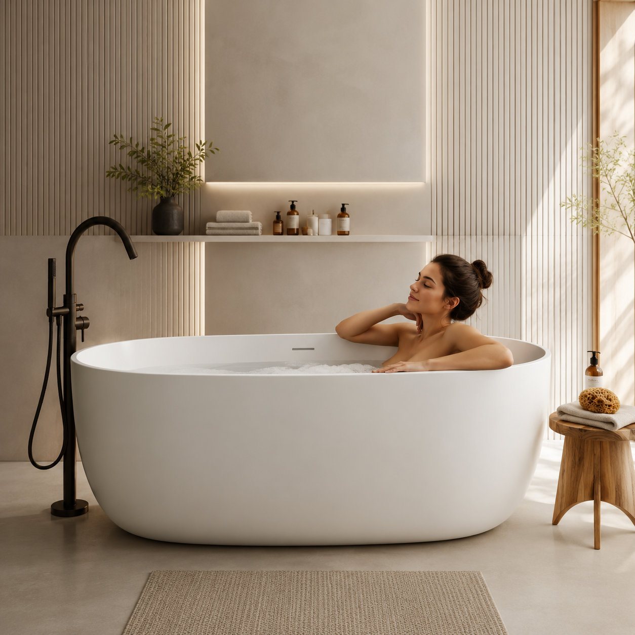 51" White Stone Resin Freestanding Bathtub Solid Surface Soaking Tub - Airayvis