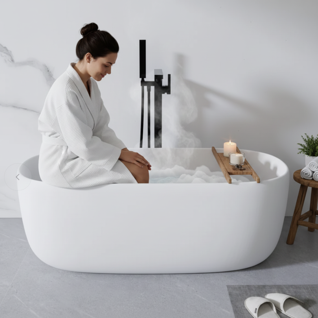 51'' Freestanding Bathtub Resin Stone Soaking Bathtub Solid Surface Modern Tubs with Overflow and Pop-up Drain in White