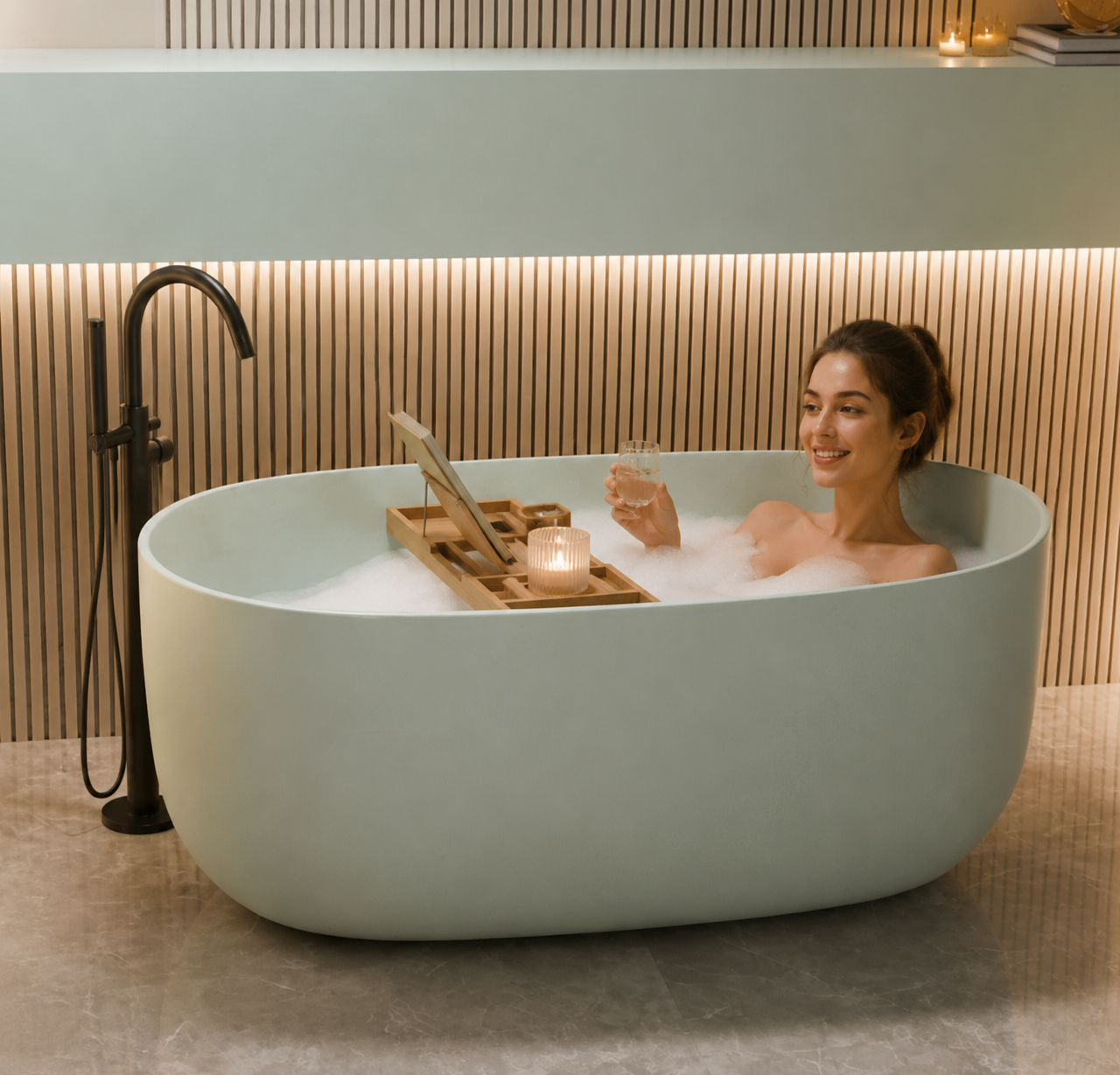51 Turquoise Green Solid Surface Freestanding Soaking Bathtub - Airayvis