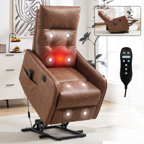 Brown PU Power Lift Recliner Chair with Massage & Heating Heavy-Duty One-Button Assist Seat