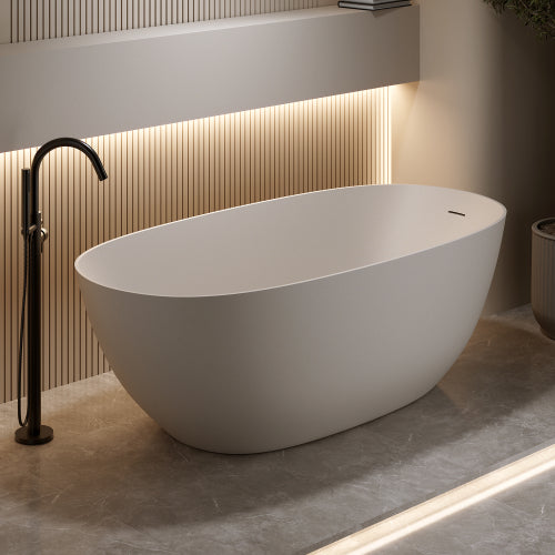 61" Spa-Size Matte White Stone Resin Freestanding Soaking Bathtub with Overflow & Pop-Up Drain
