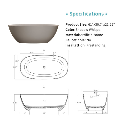 61" Spa-Size Matte White Stone Resin Freestanding Soaking Bathtub with Overflow & Pop-Up Drain