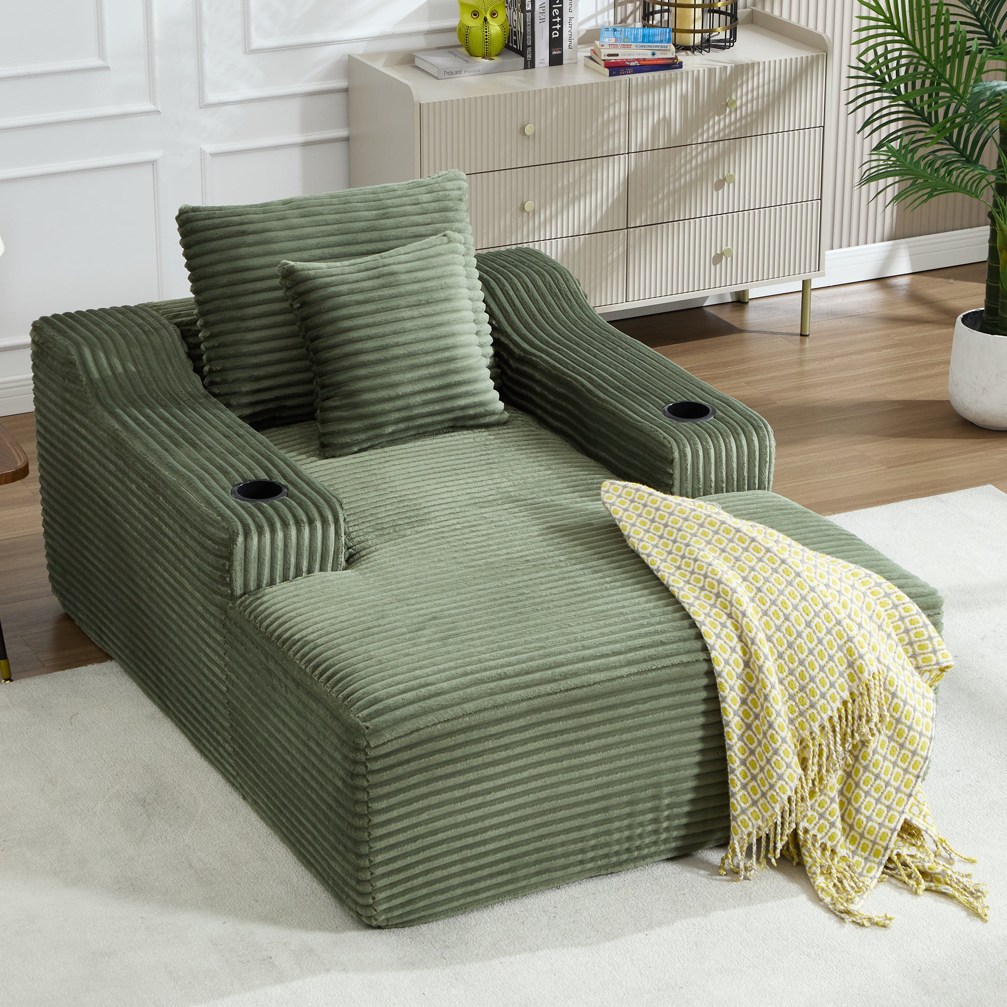 Green Chaise Lounge Chair Wide Armrest Indoor Corduroy Oversized Sleeper Sofa Seat Lounge and Three Soft Pillows No Assembly Required