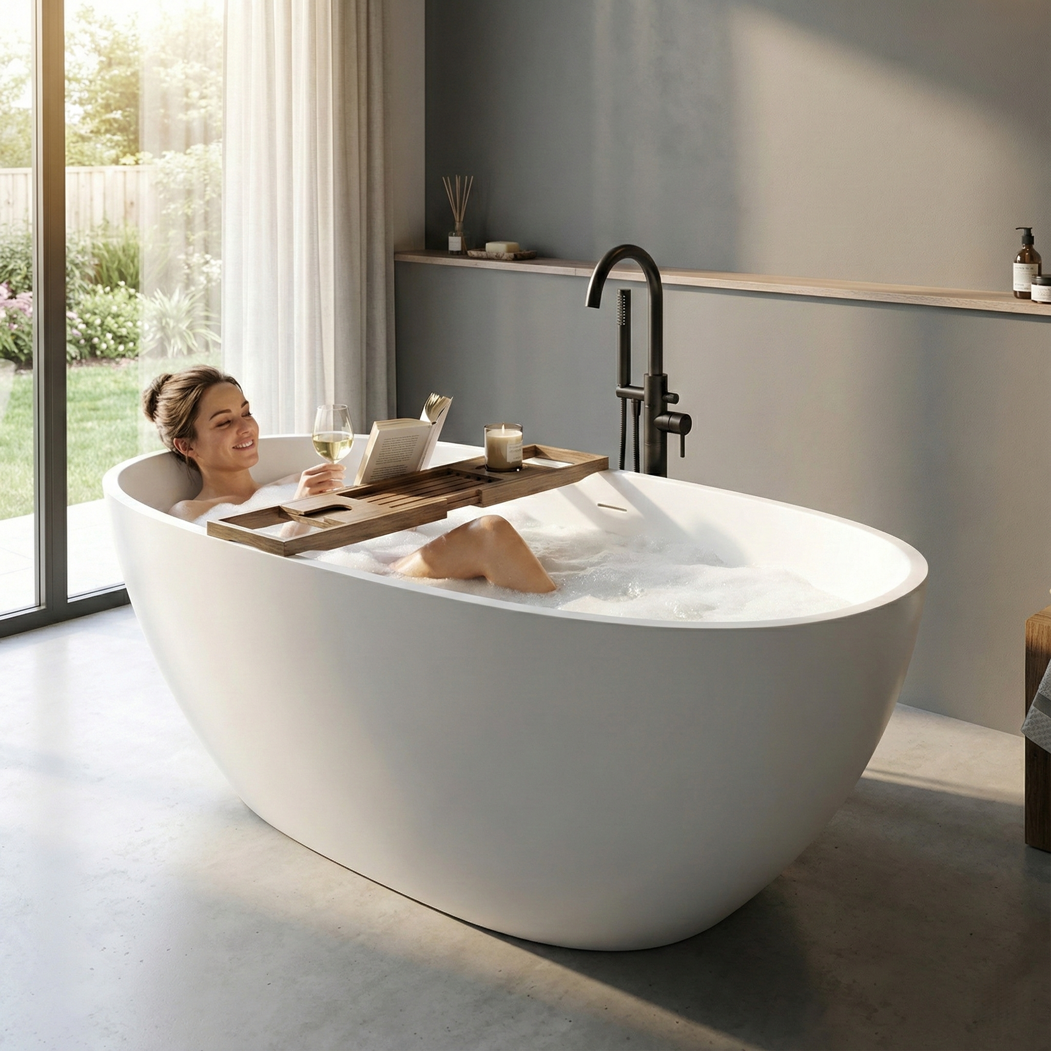 66.9" Oval Freestanding Stone Resin Soaking TubMatte White Solid Surface