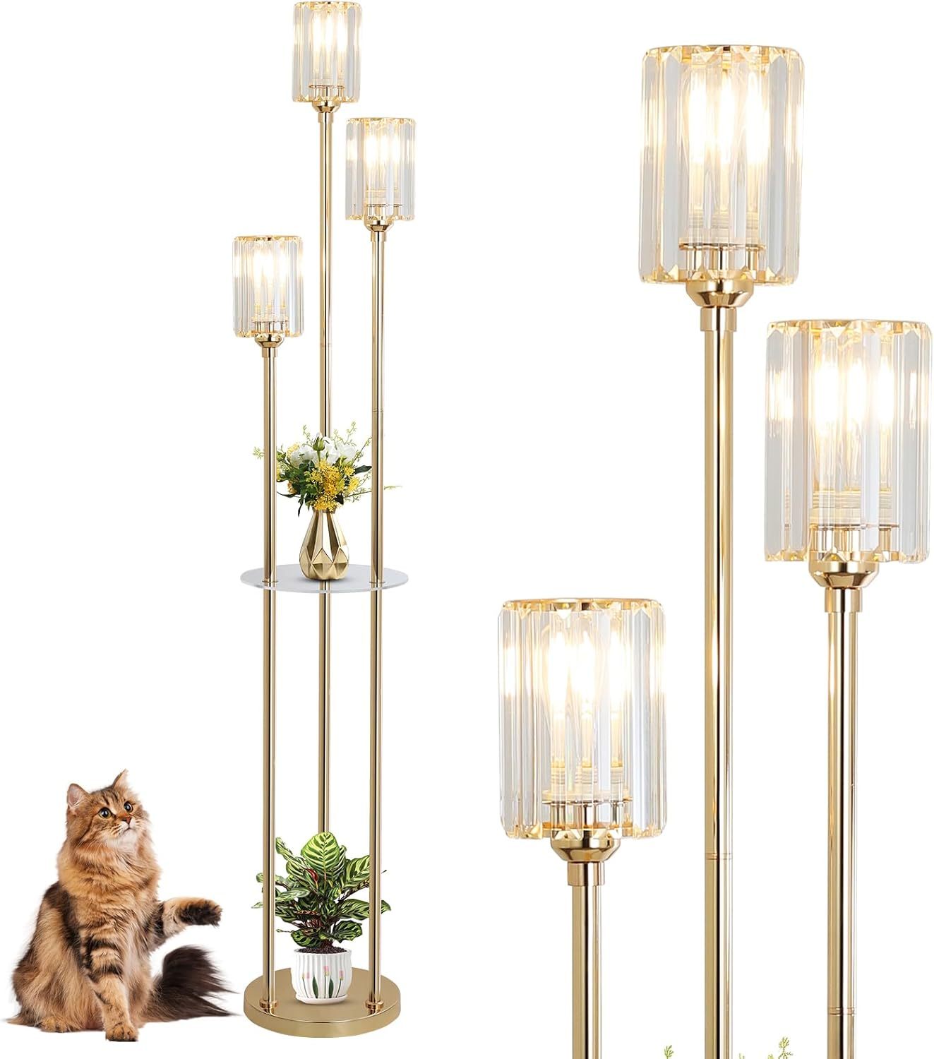 Gold Floor Lamps for Living Room Modern Floor Lamp with Shelves Crystal Standing Lamps with Table Brass Tall Lamp with Crystal Shade On/Off Switch