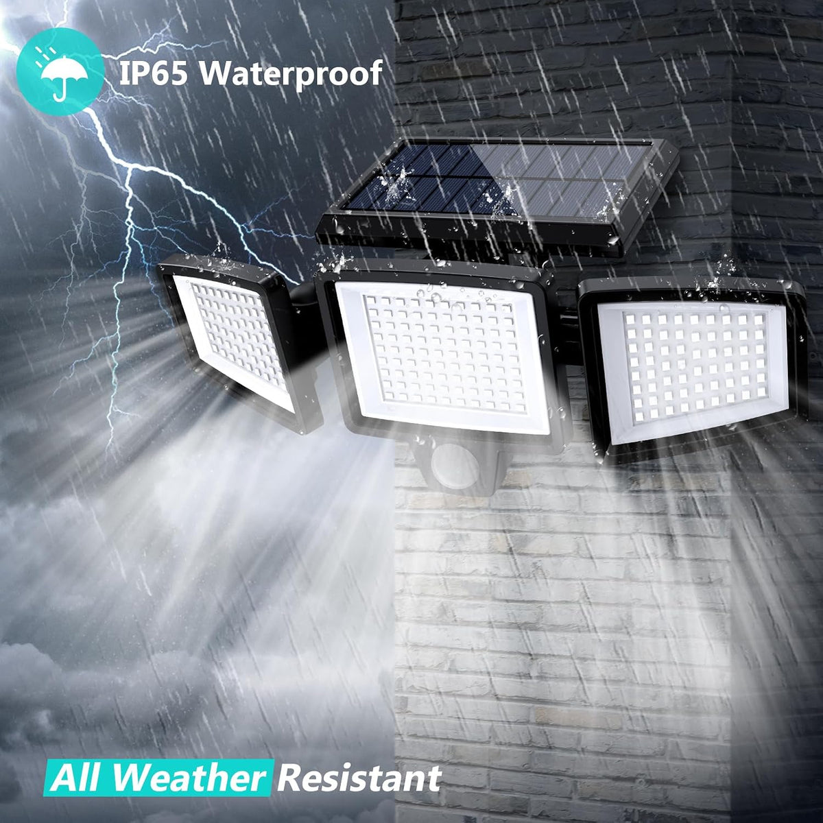IP65-rated outdoor solar flood light in rain
