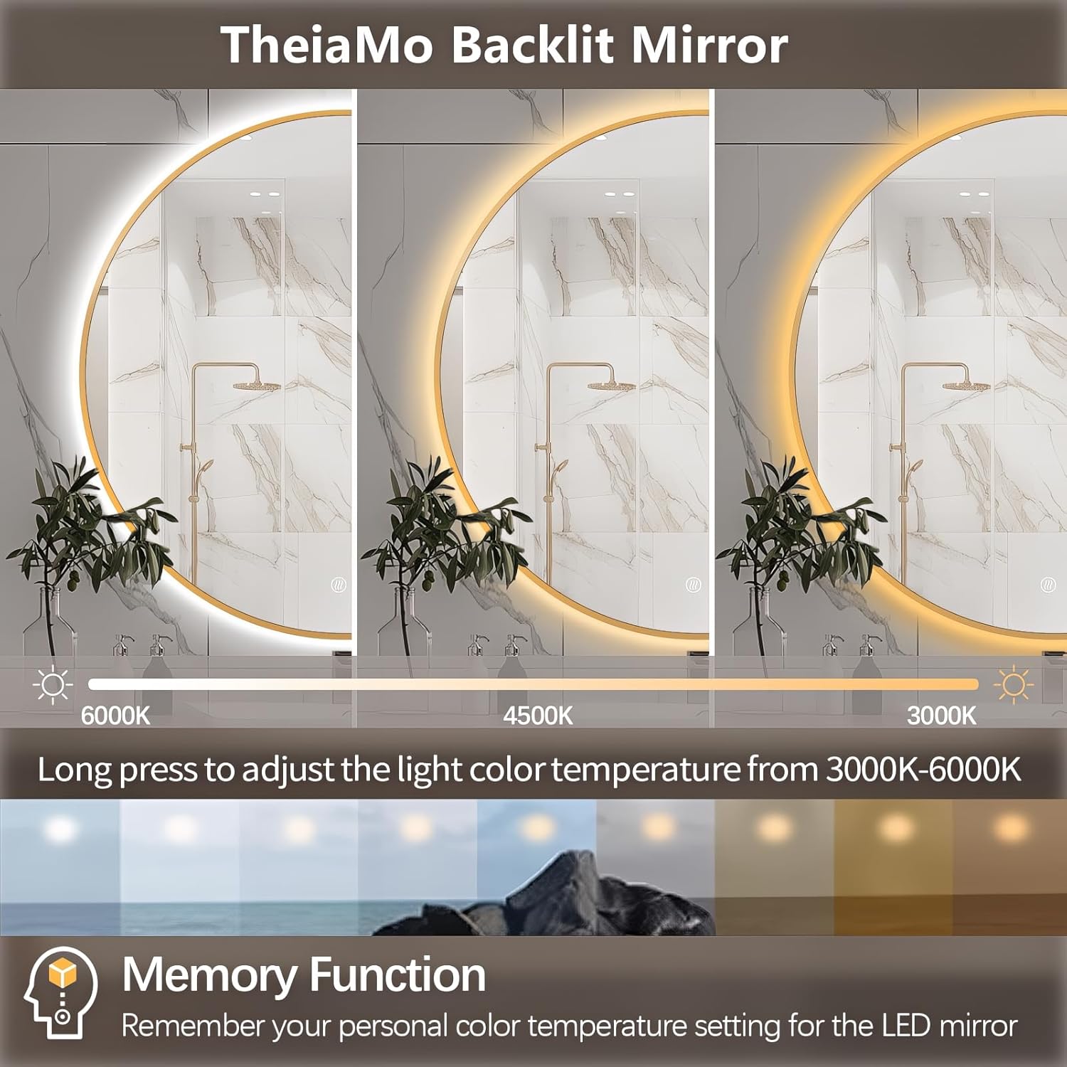 Round LED Bathroom Mirror Touch Control Three Color Light