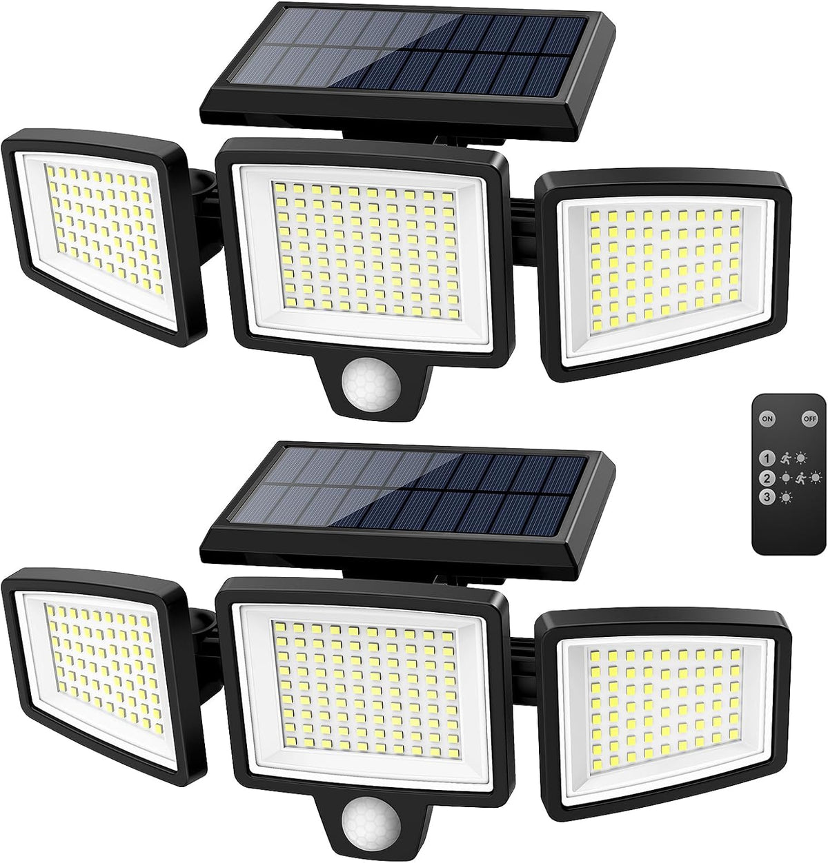 Two black solar security lights with three adjustable heads and remote control