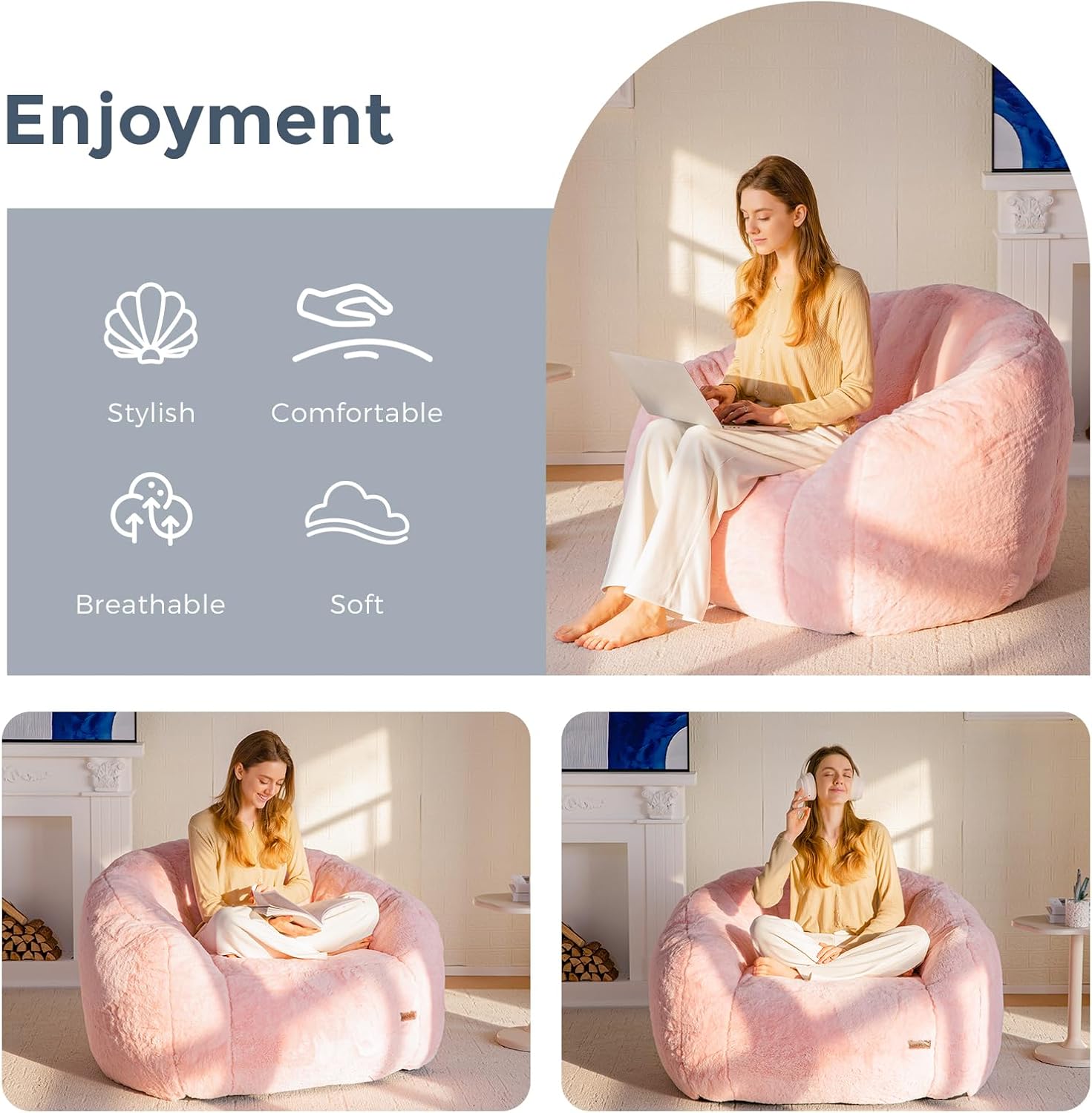 Oversized Faux Fur Bean Bag Chair Stuffed Lounge Sofa for Adults & Kids Perfect for Gaming Reading & Relaxing