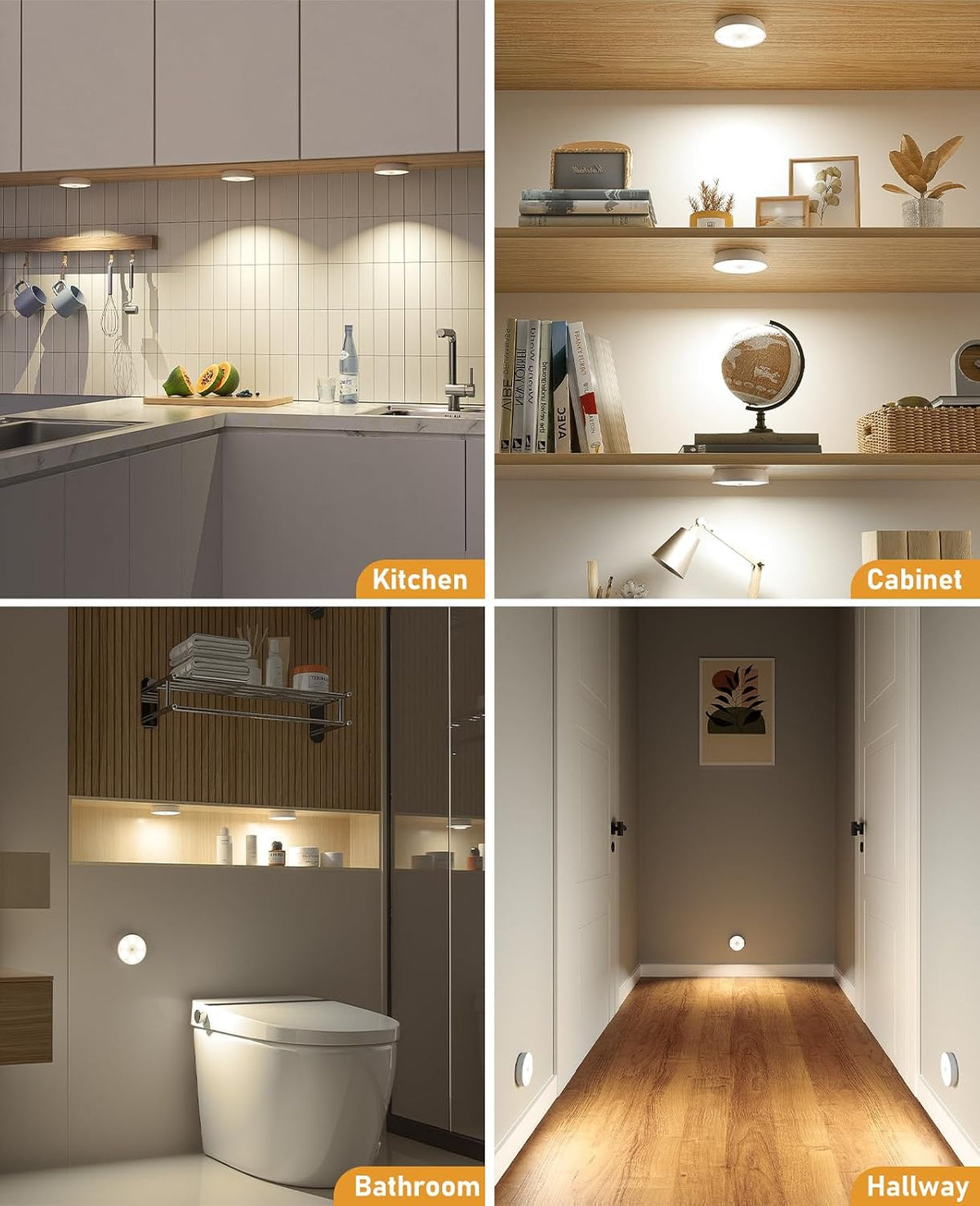 Rechargeable puck lights in cabinets and hallways