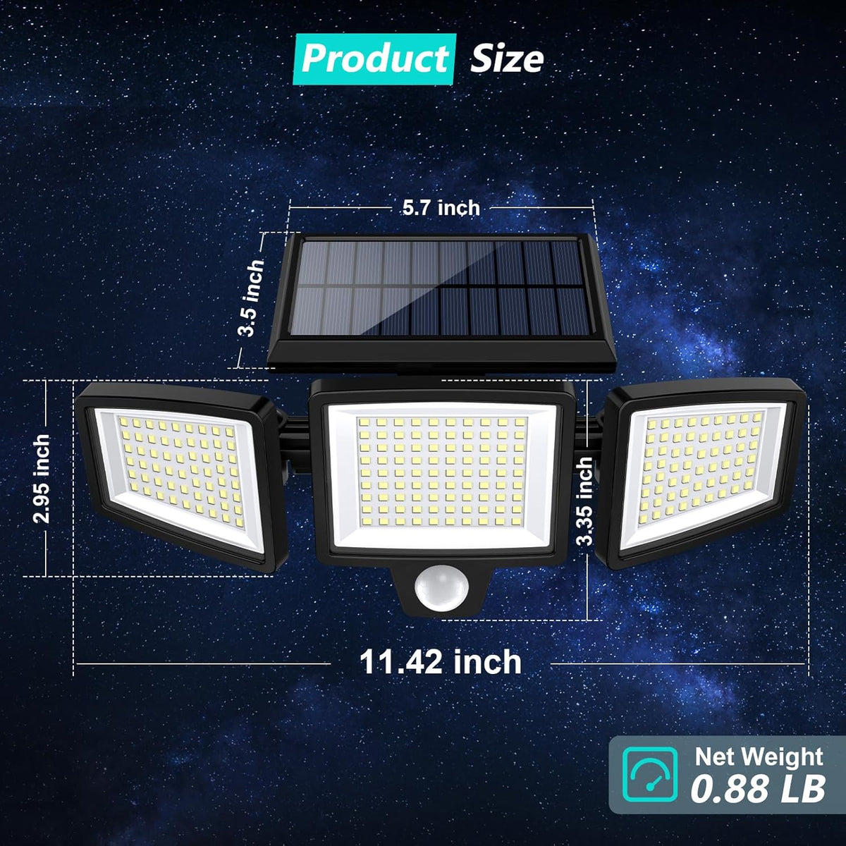 Product dimensions diagram for the three-head solar light