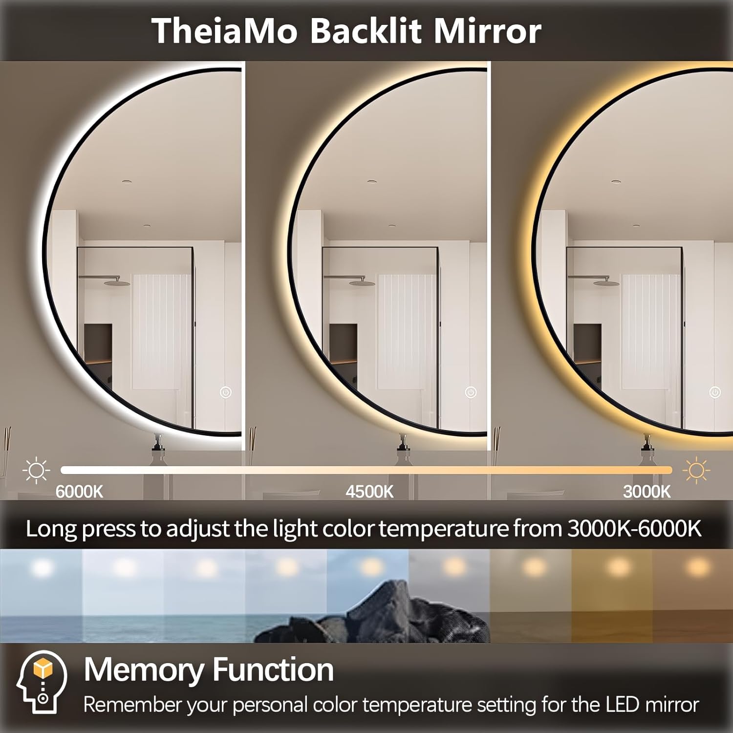 Round LED Bathroom Mirror Touch Control Three Color Light