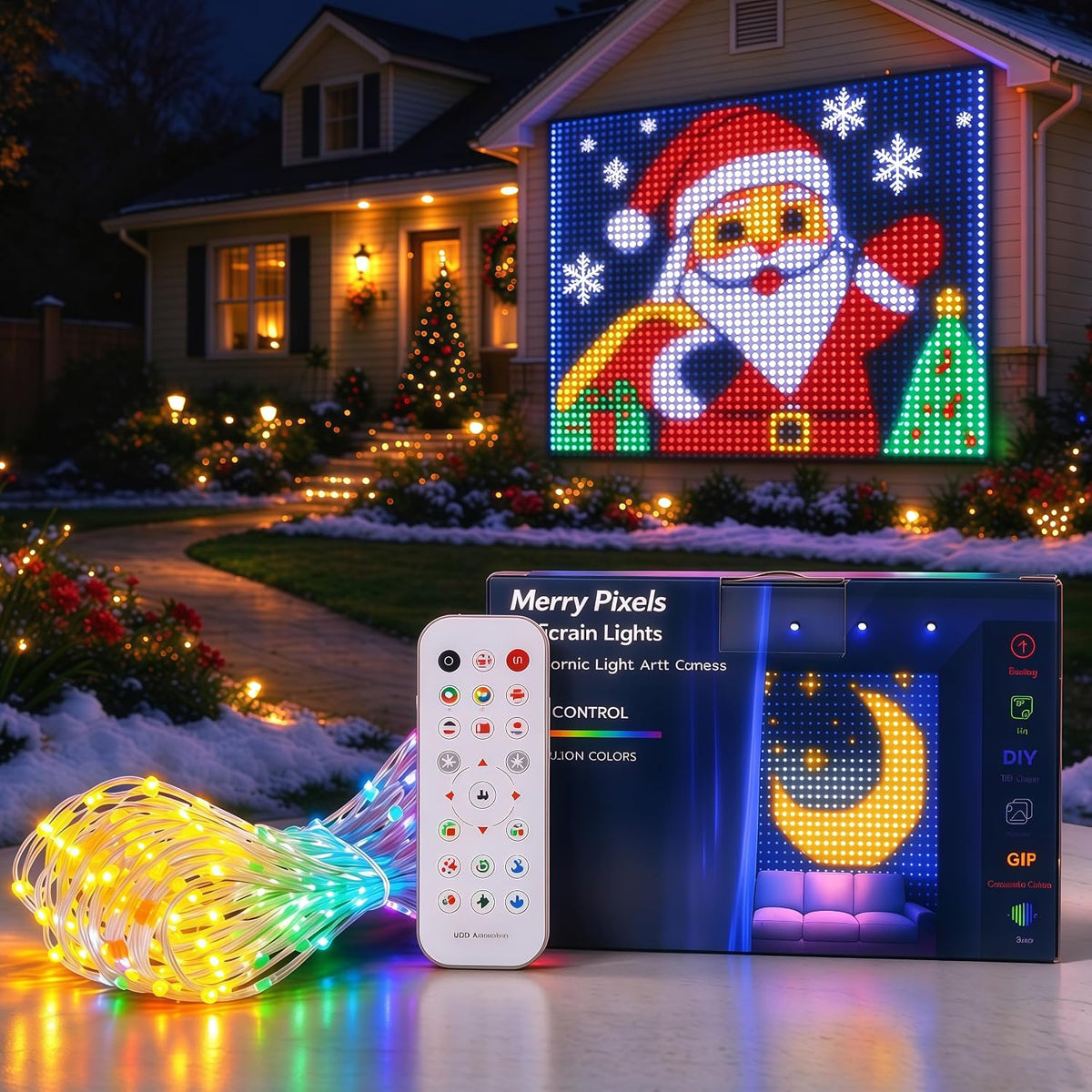 Smart pixel curtain lights with remote control and product box