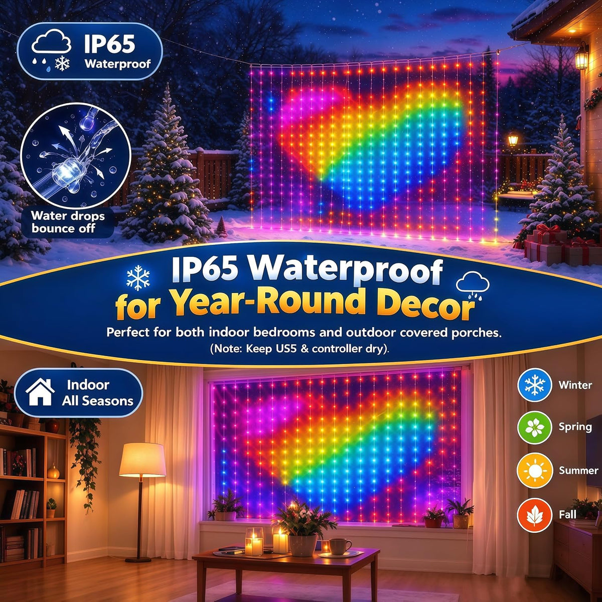 IP65-rated pixel curtain lights for covered outdoor and indoor spaces