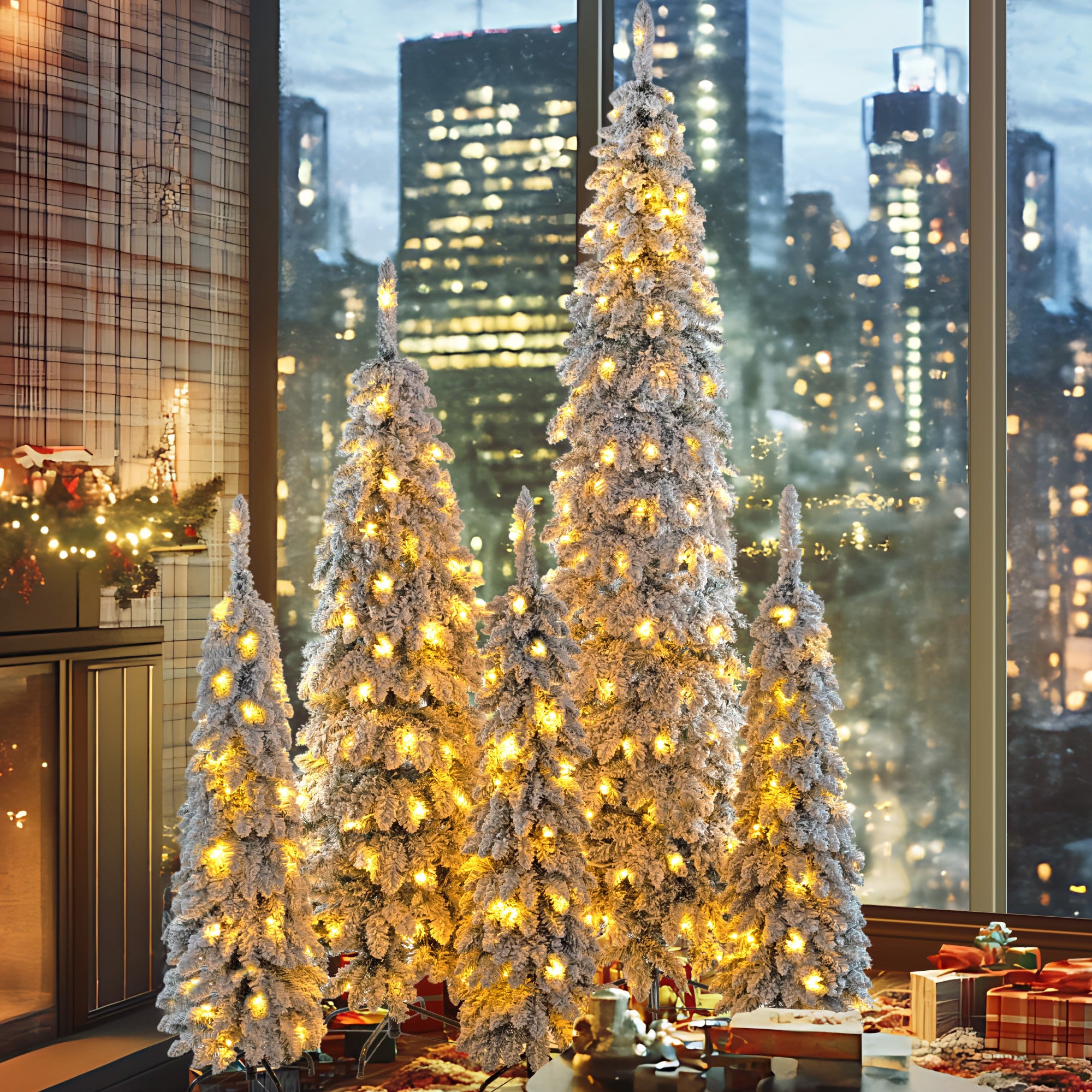 8FT, 6FT, 4FT x 3 Pre-Lit Pencil Christmas Trees, 5-set Slim Artificial Christmas Tree With Snow Flocking, Xmas Holiday Decoration Tree, 1820 Branch Tips, 350 LED Lights with 11 Lighting Modes