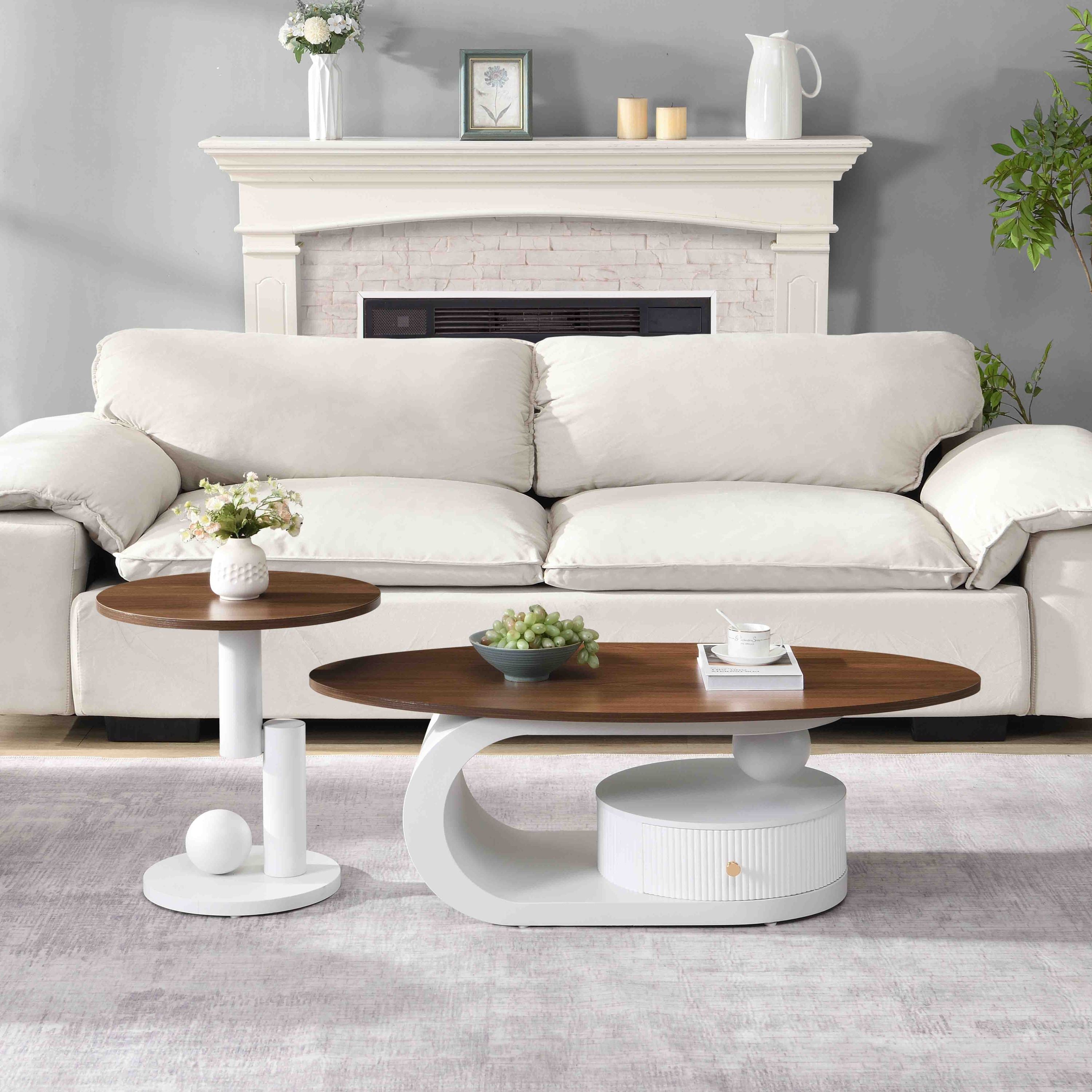 Luxury Nesting Coffee Table Set of 2 Tables with Storage for Living Room, Oval and Round Table Set White Center Table