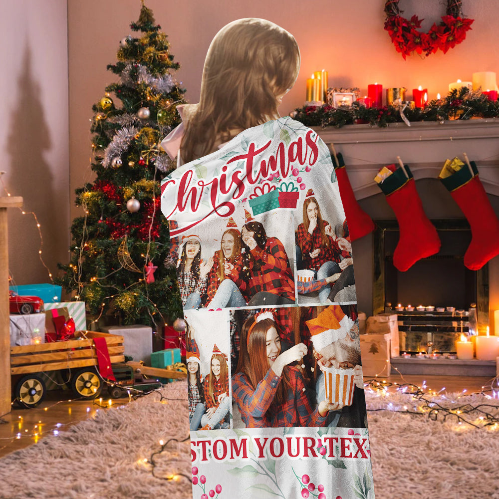 Personalized Collage Photo Christmas Flannel Blanket with Text