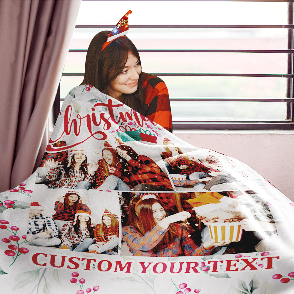 Personalized Collage Photo Christmas Flannel Blanket with Text