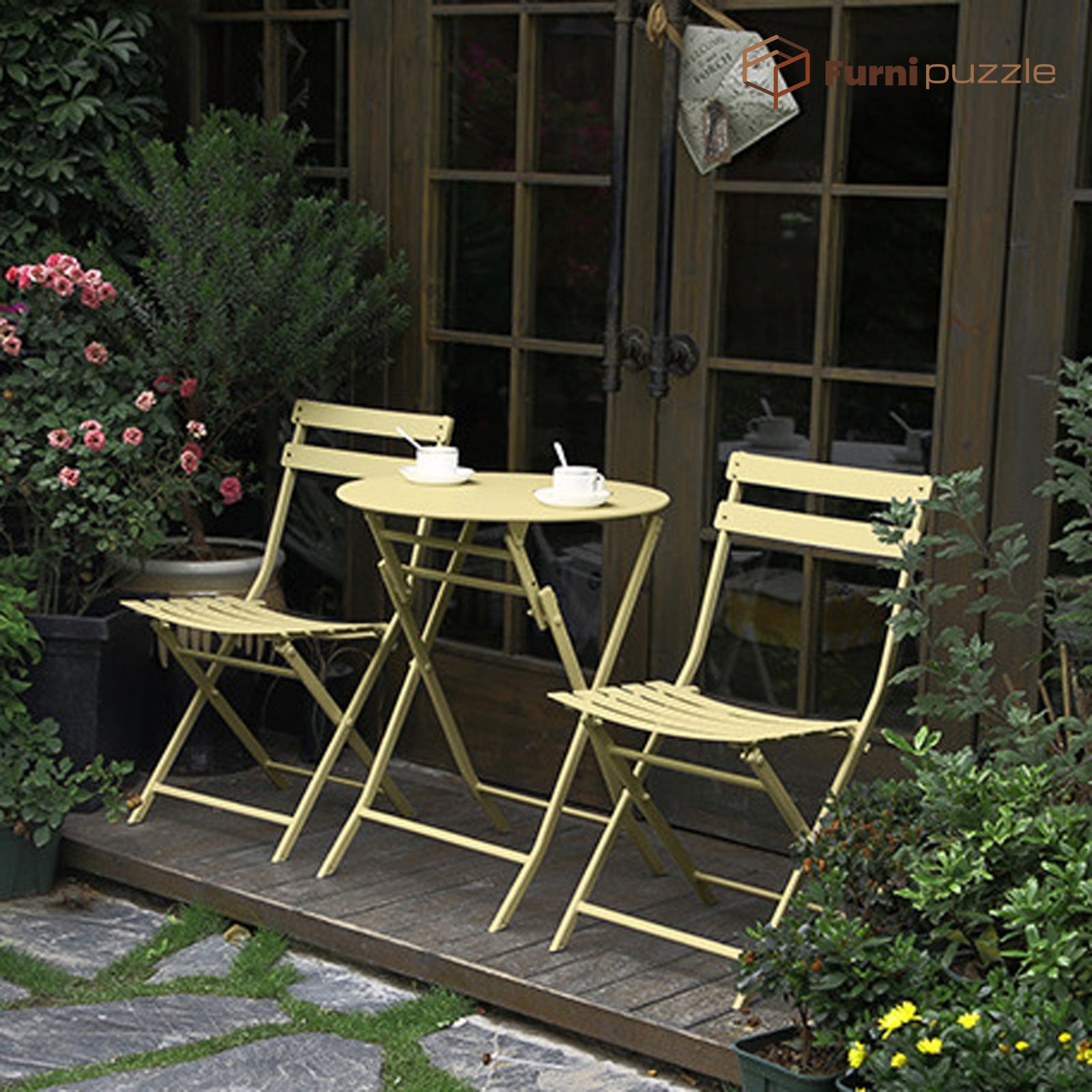 Garden Patio Foldable Round Table 3 Piece Set of Foldable Patio Table and Chairs