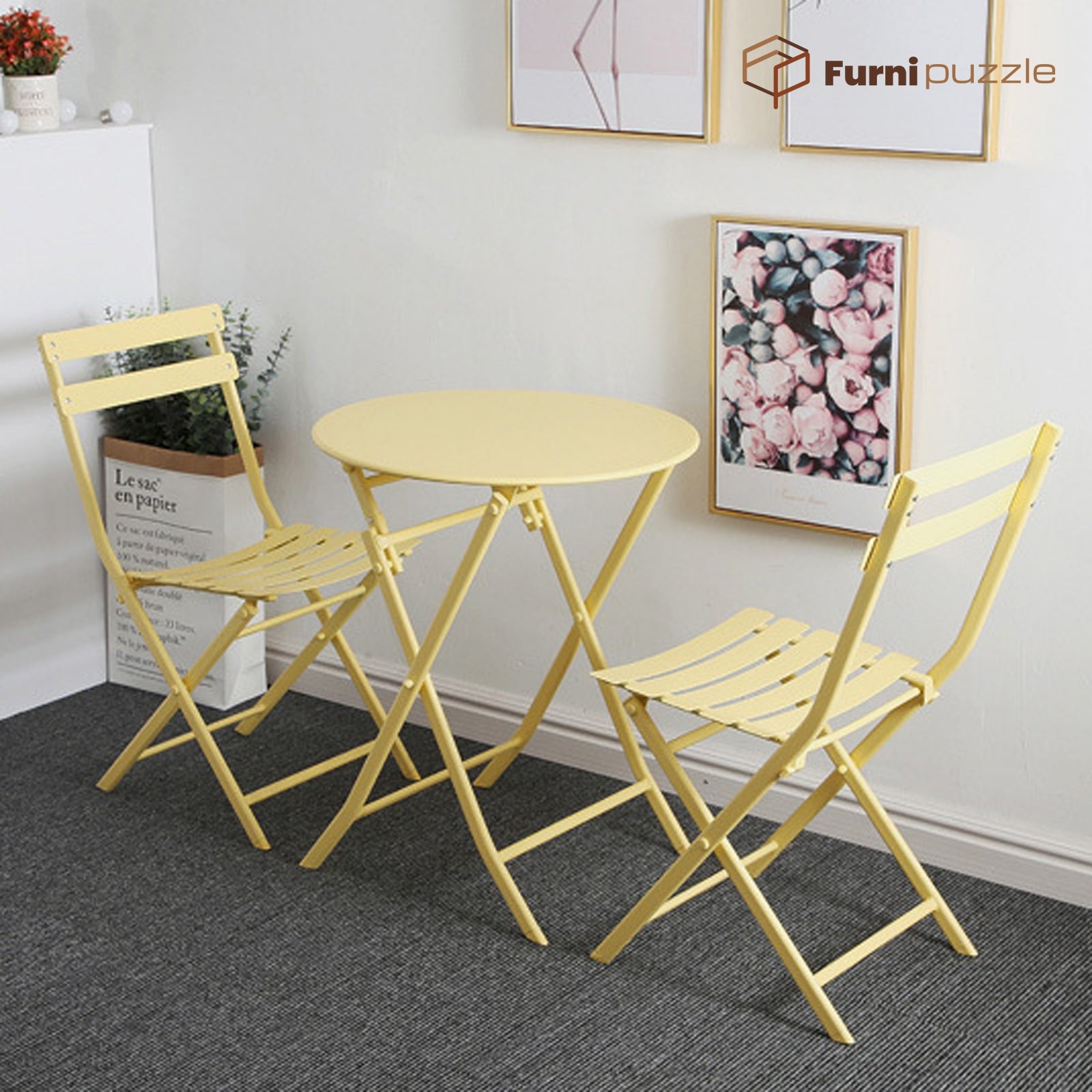 Garden Patio Foldable Round Table 3 Piece Set of Foldable Patio Table and Chairs