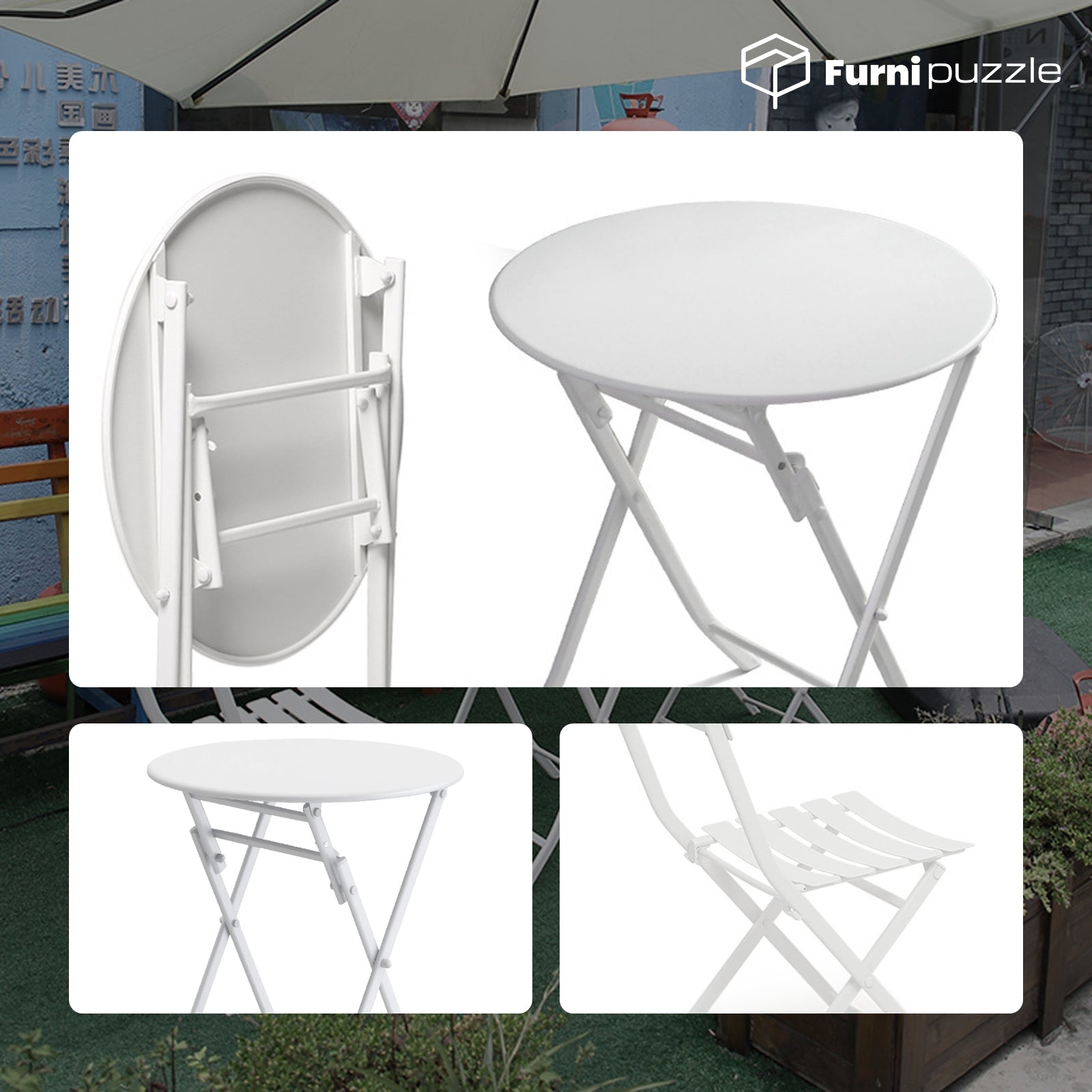 Garden Patio Foldable Round Table 3 Piece Set of Foldable Patio Table and Chairs