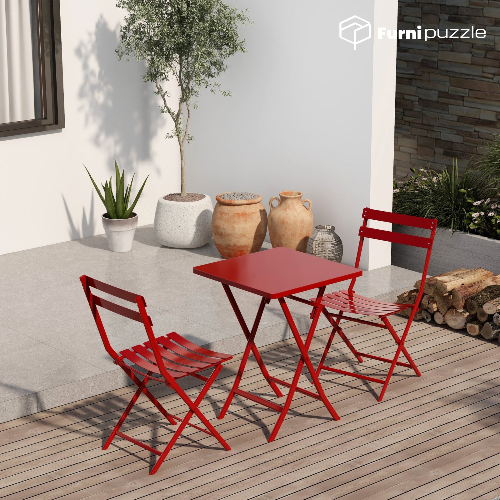 Garden Patio Foldable Round Table 3 Piece Set of Foldable Patio Table and Chairs