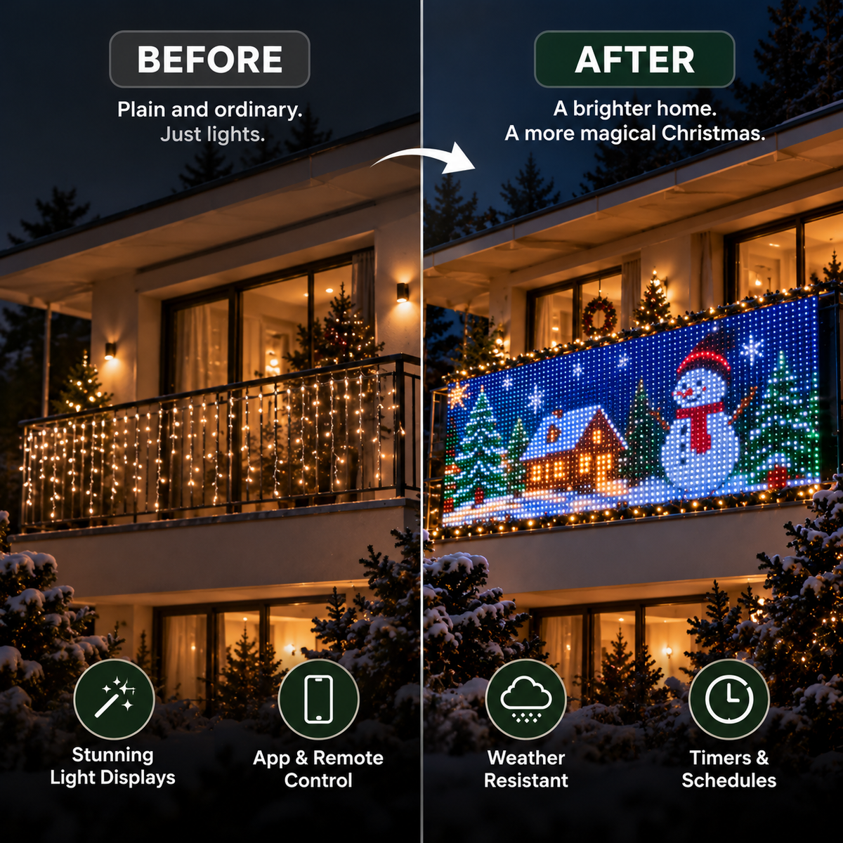 Before and after animated Christmas balcony lighting