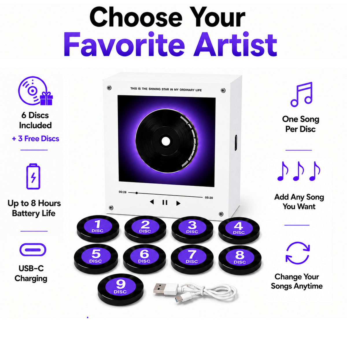 Custom Mini Vinyl Record Player with 9 Magnetic Discs, Personalized Music Gift for Couples, Anniversary Memories