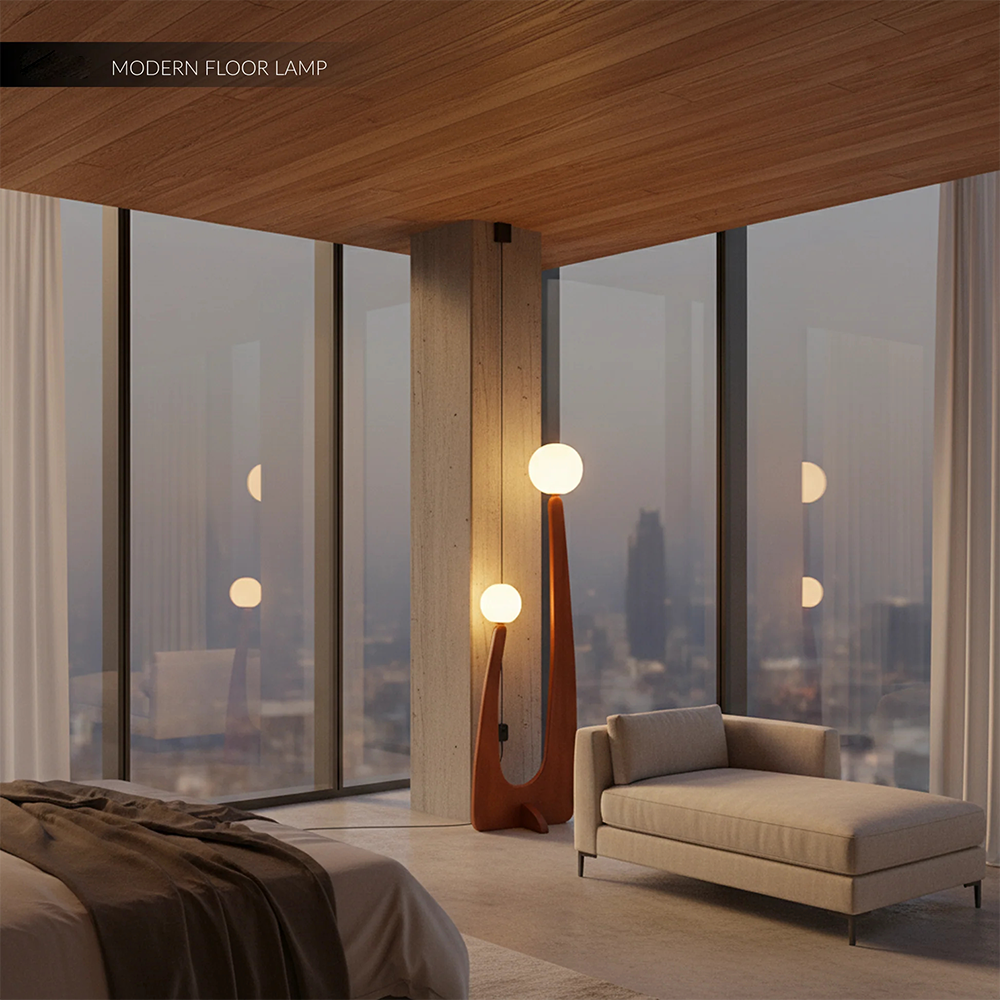 Modern Minimalist Walnut Solid Wood Glass Ball 2-Light Standing Floor Lamp