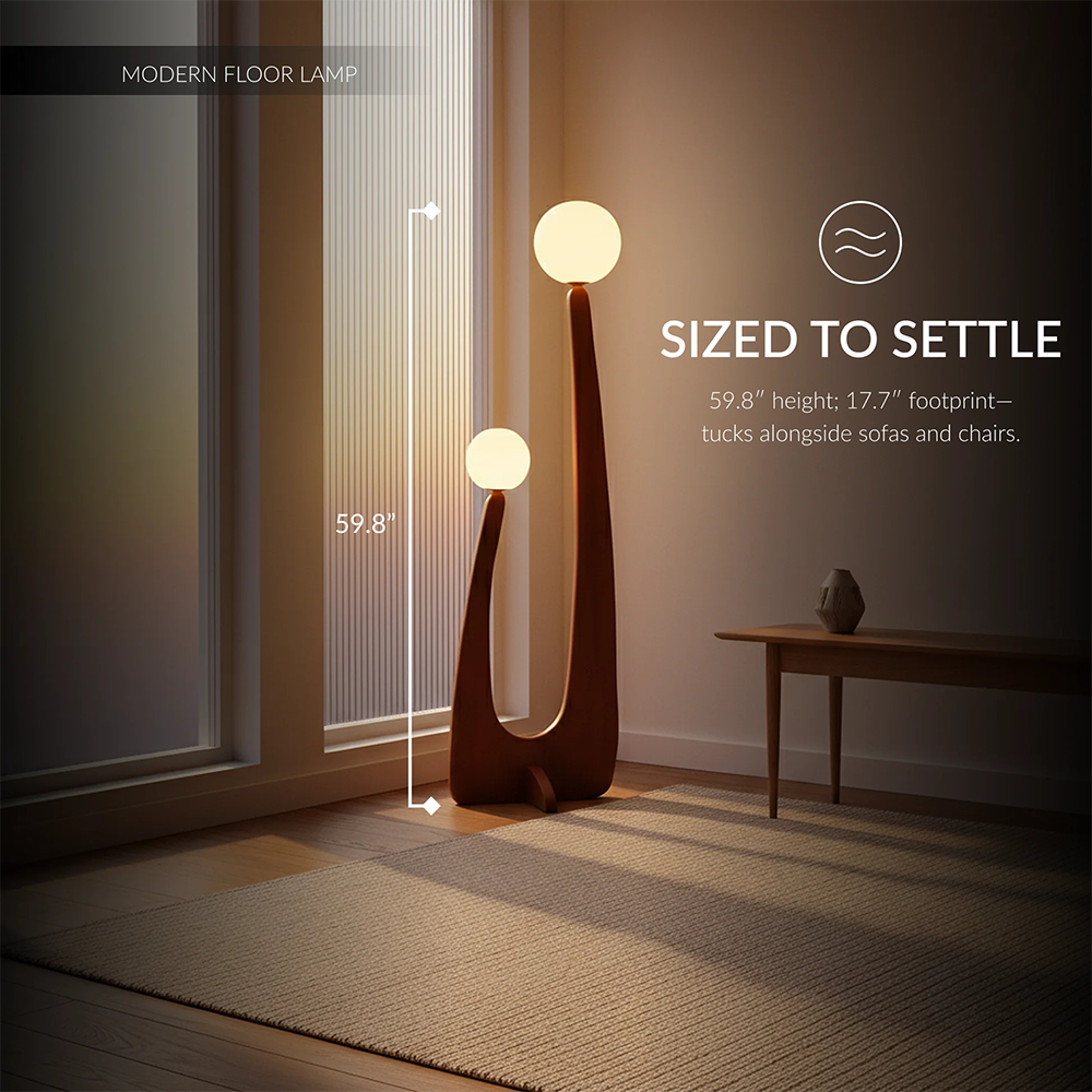 Modern Minimalist Walnut Solid Wood Glass Ball 2-Light Standing Floor Lamp