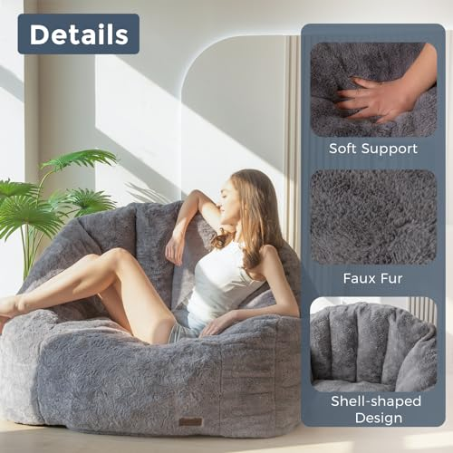 Oversized Faux Fur Bean Bag Chair Stuffed Lounge Sofa for Adults & Kids Perfect for Gaming Reading & Relaxing
