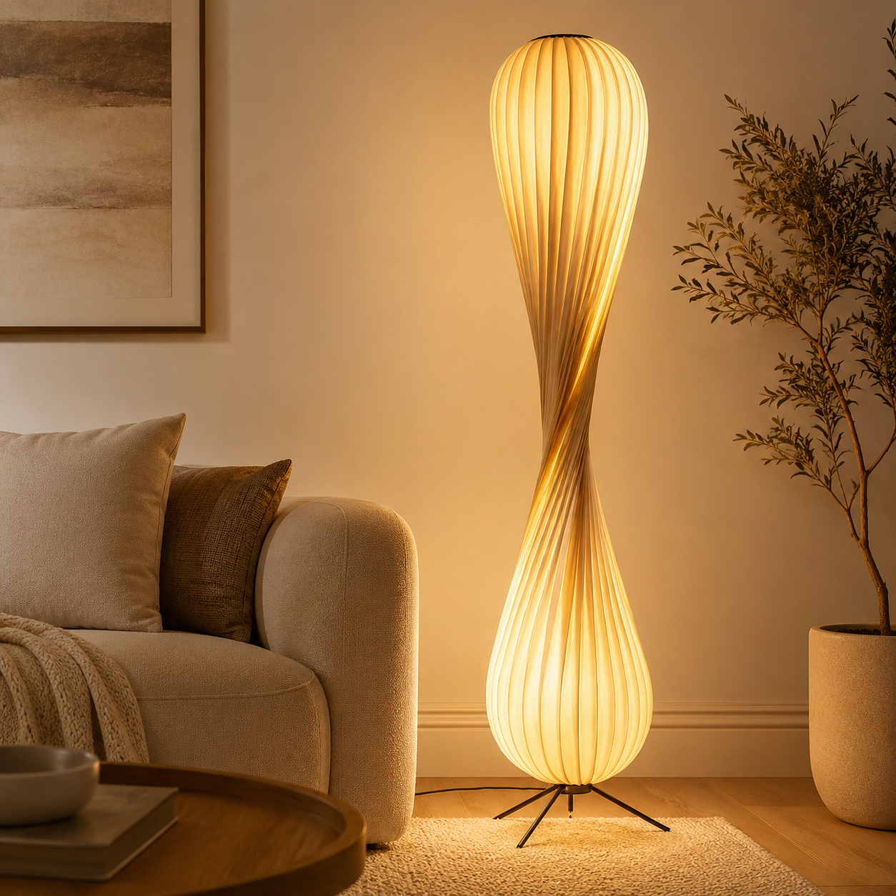 Modern Sculptural Wood Floor Lamp, Warm Dimmable LED Standing Lamp for Living Room & Bedroom – Airayvis