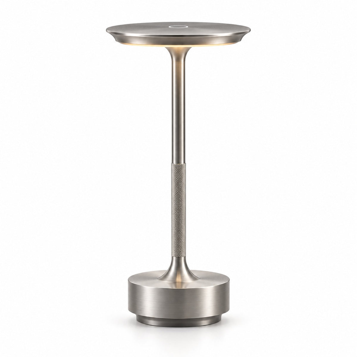 Satin nickel LED table lamp with a circular touch control on top of its slim disc shade - Airayvis