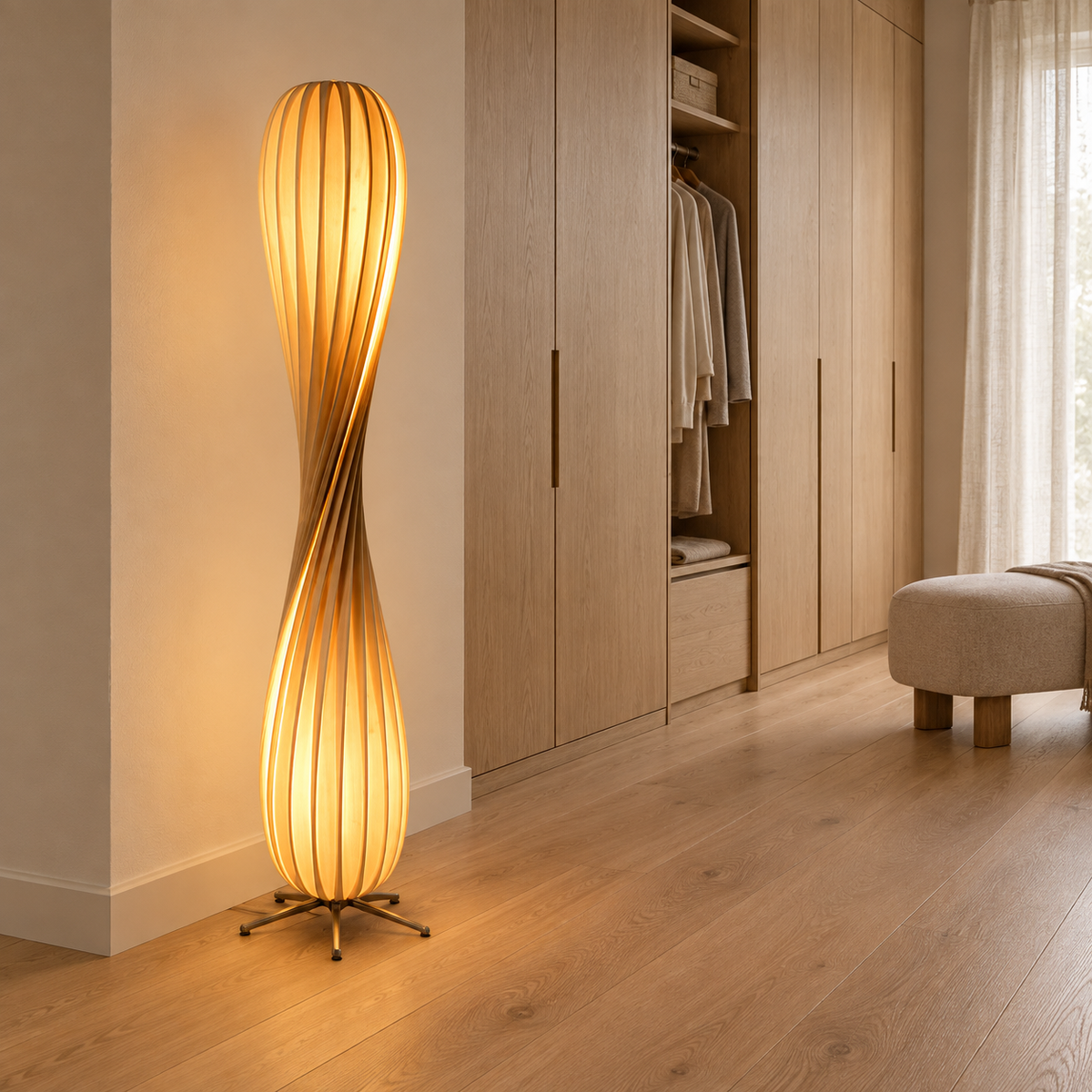 Modern Sculptural Twist Floor Lamp, Dimmable Wood LED Standing Lamp for Bedroom & Living Room